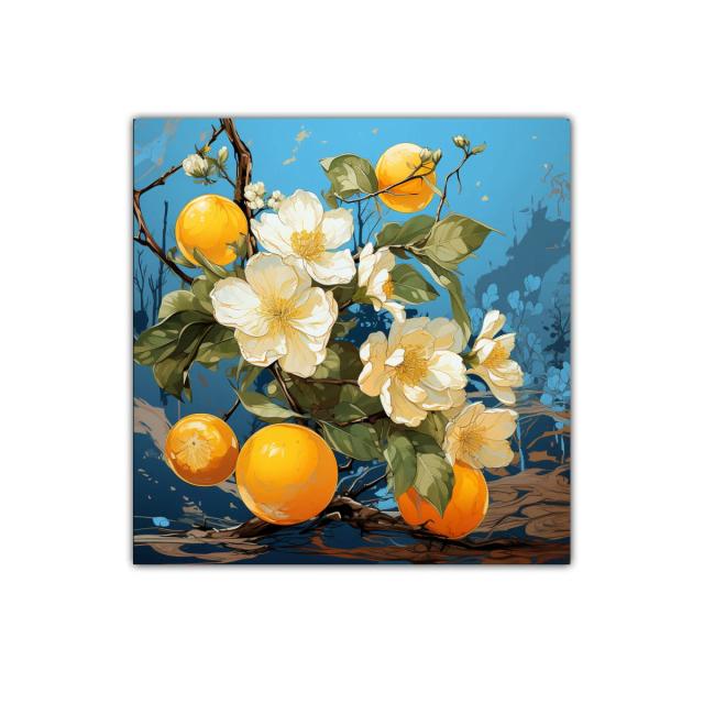 Flores blancas y frutas naranjas en fondo azul vibrante