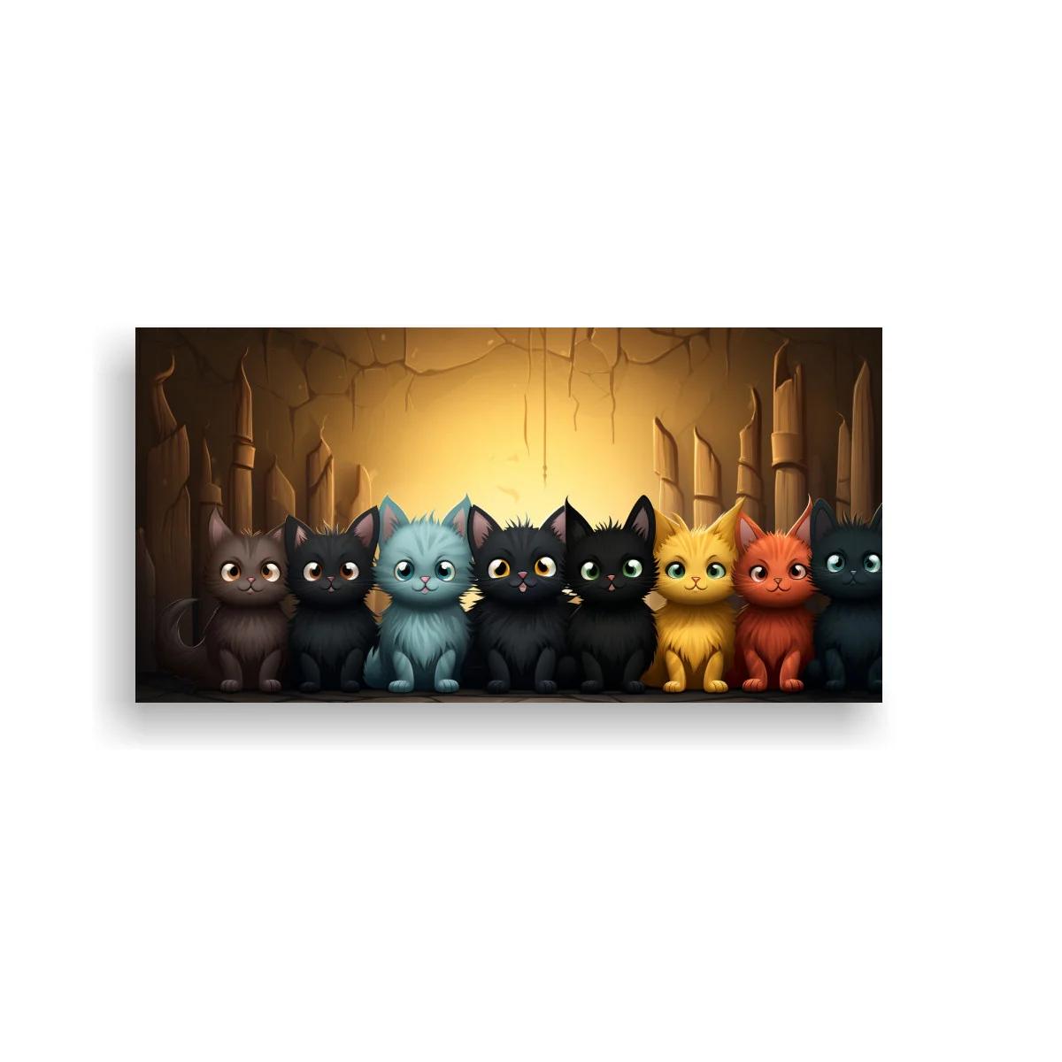 Cuadro fila de gatitos de colores en cueva