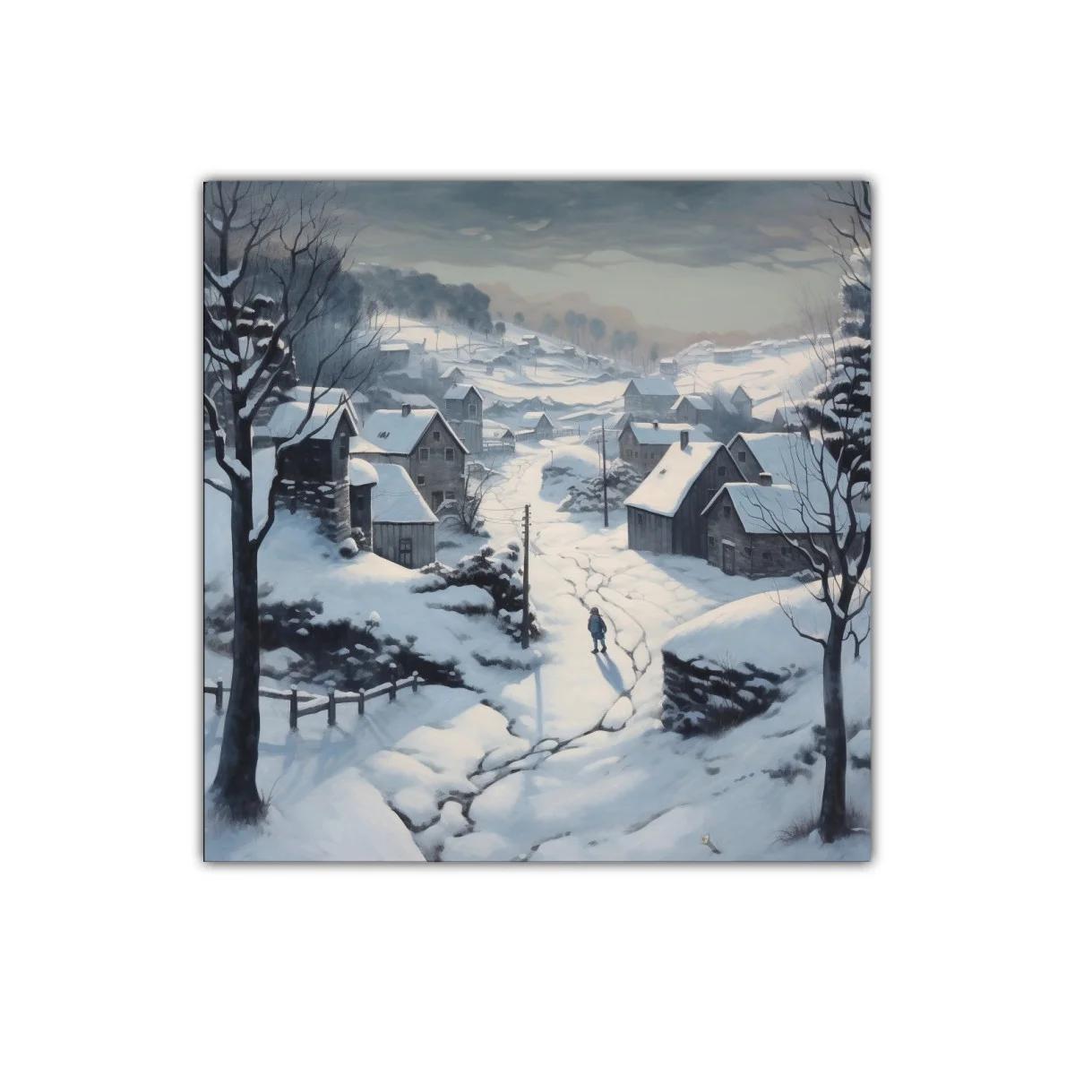 Paisaje nevado con aldea y silueta solitaria en invierno — imagen principal