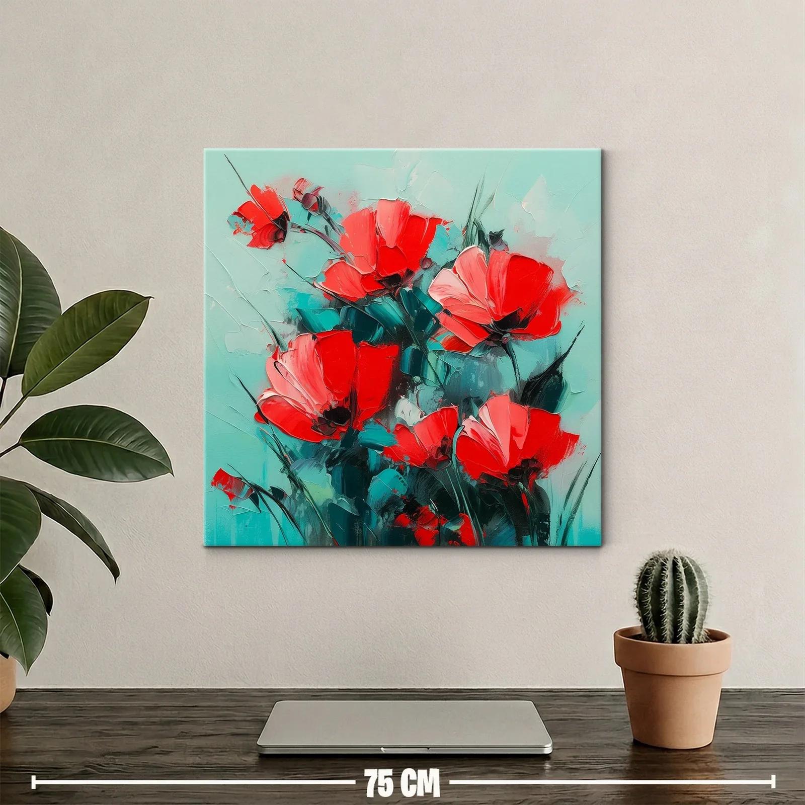 Cuadro floral con vibrantes amapolas rojas sobre fondo turquesa — miniatura 2