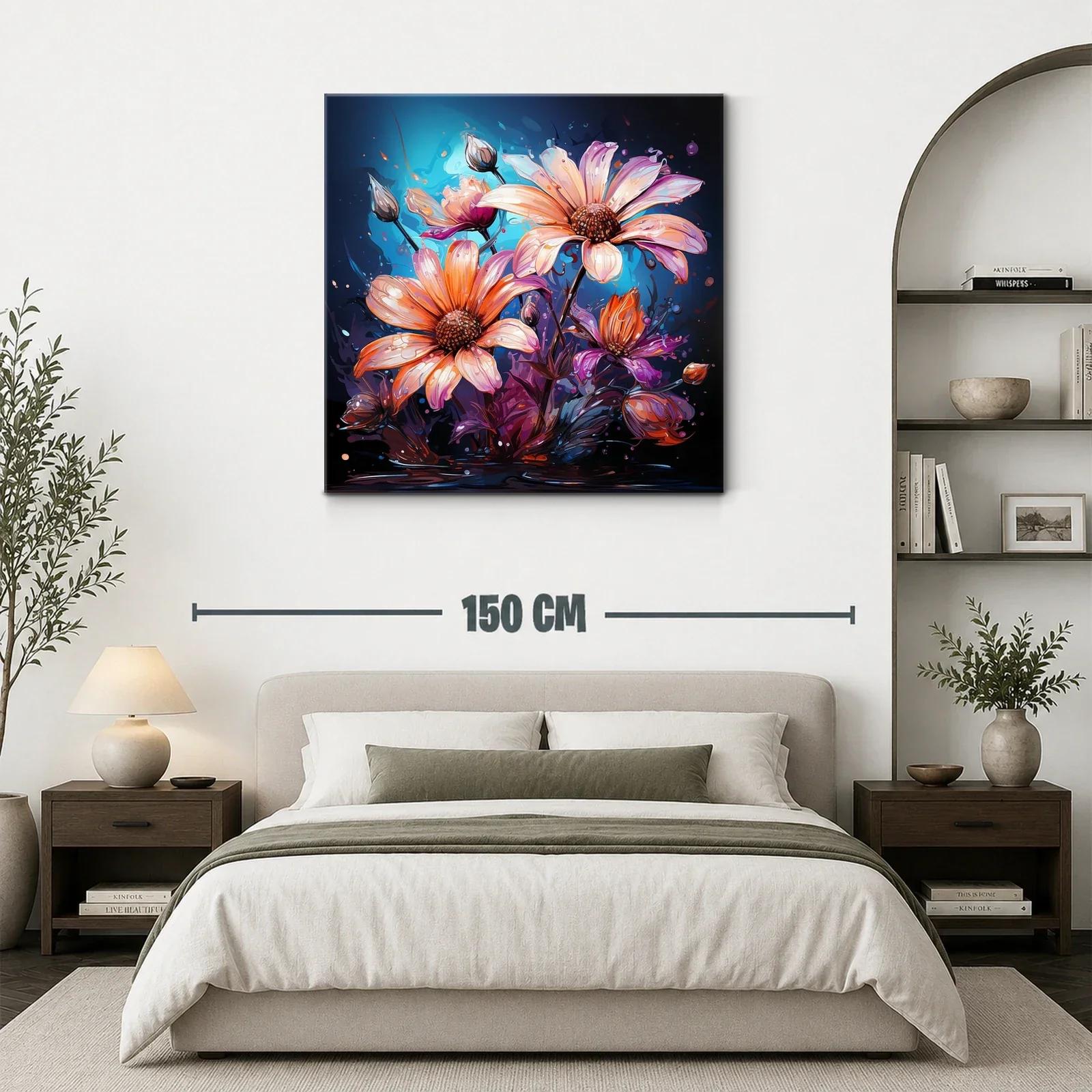 Cuadro con flores vibrantes en tonos cálidos y fondo azul — miniatura 3