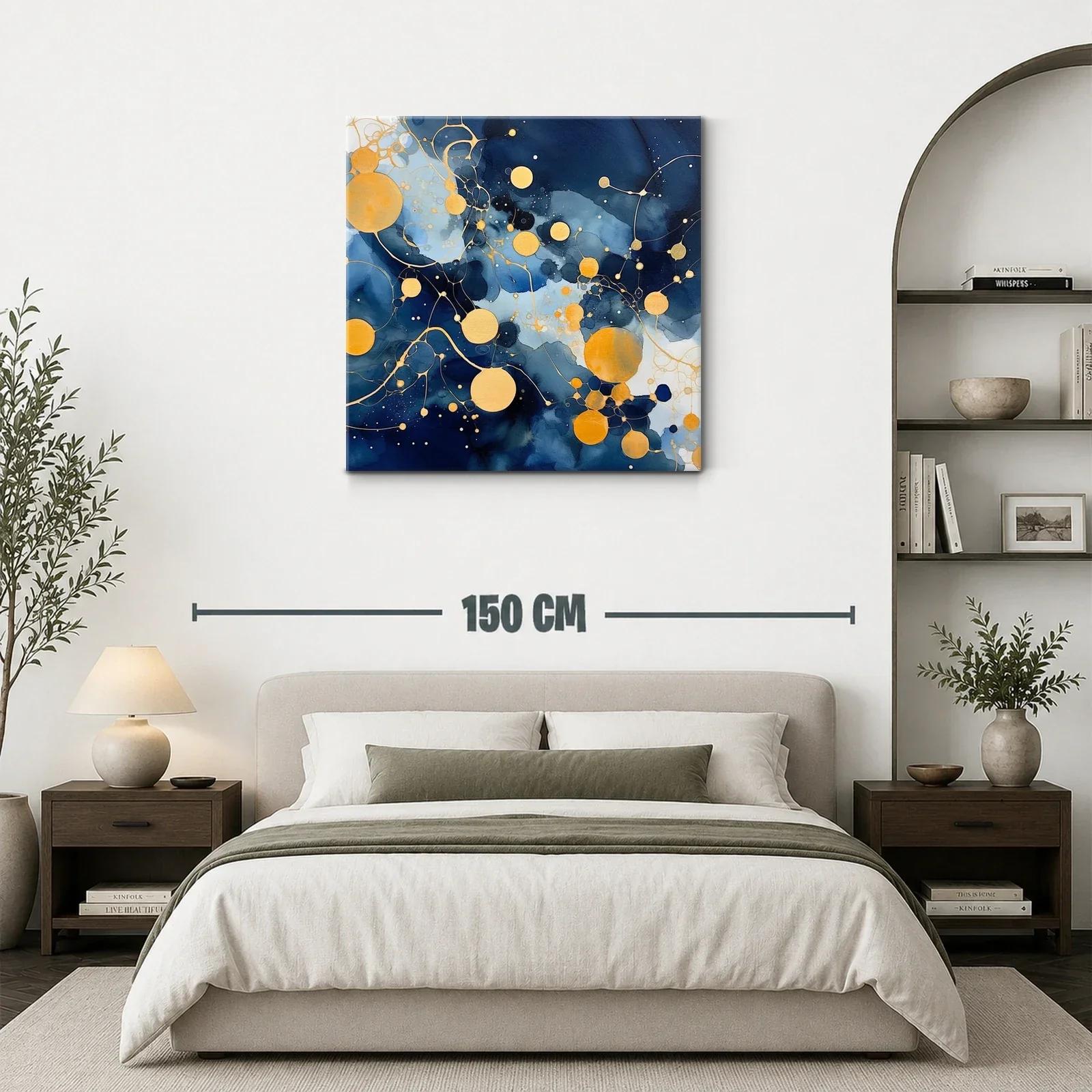 Cuadro abstracto con círculos dorados sobre fondo azul marino — miniatura 3