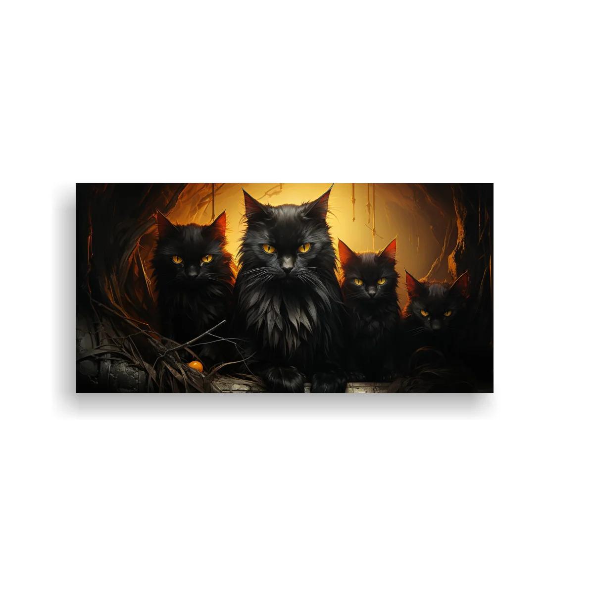 Cuadro cuatro gatos negros de pelo largo con ojos dorados