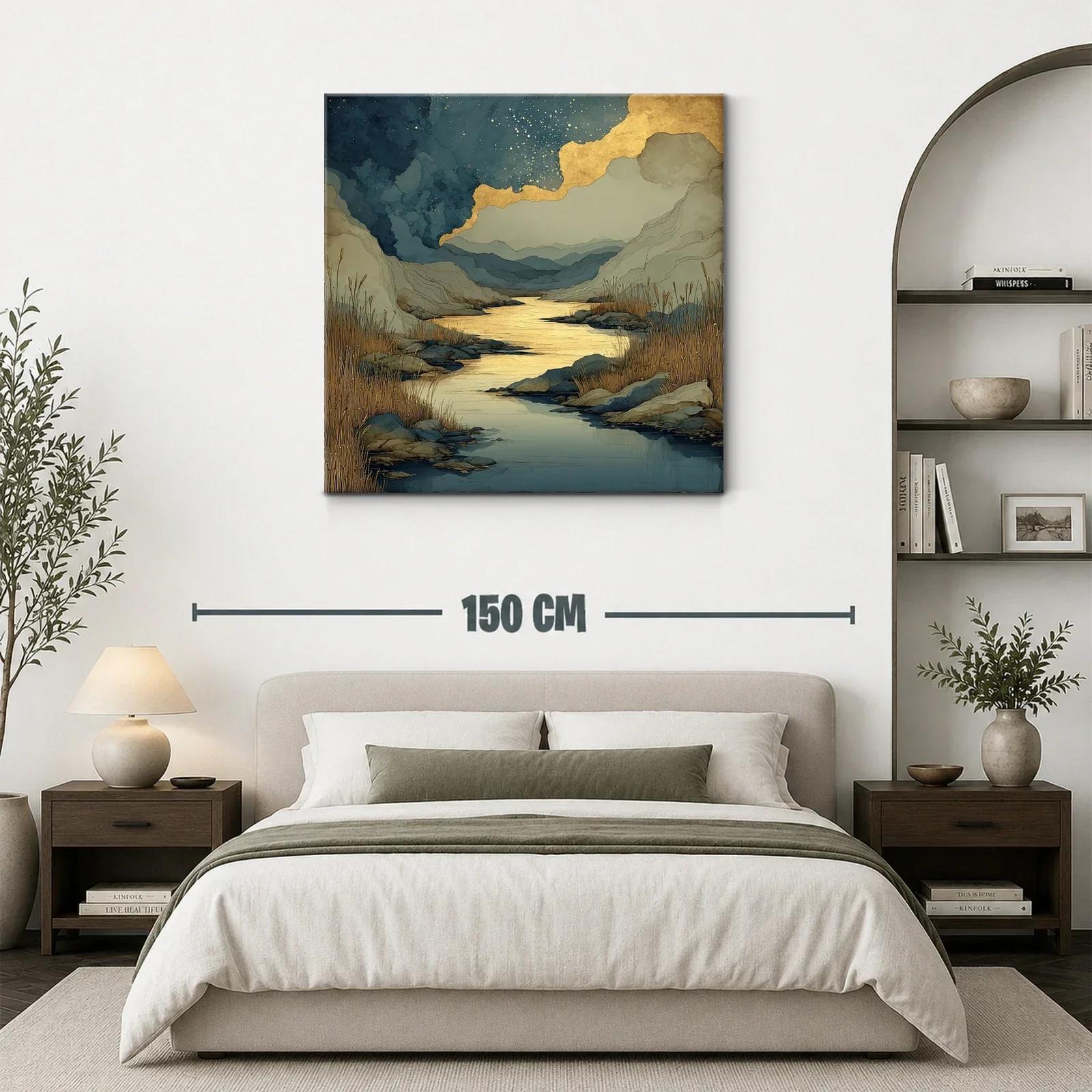 Paisaje sereno con río dorado y montañas azules — miniatura 3