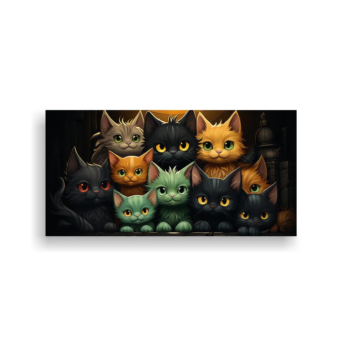 Cuadro grupo de gatos con ojos grandes y pelaje en verde coral y negro