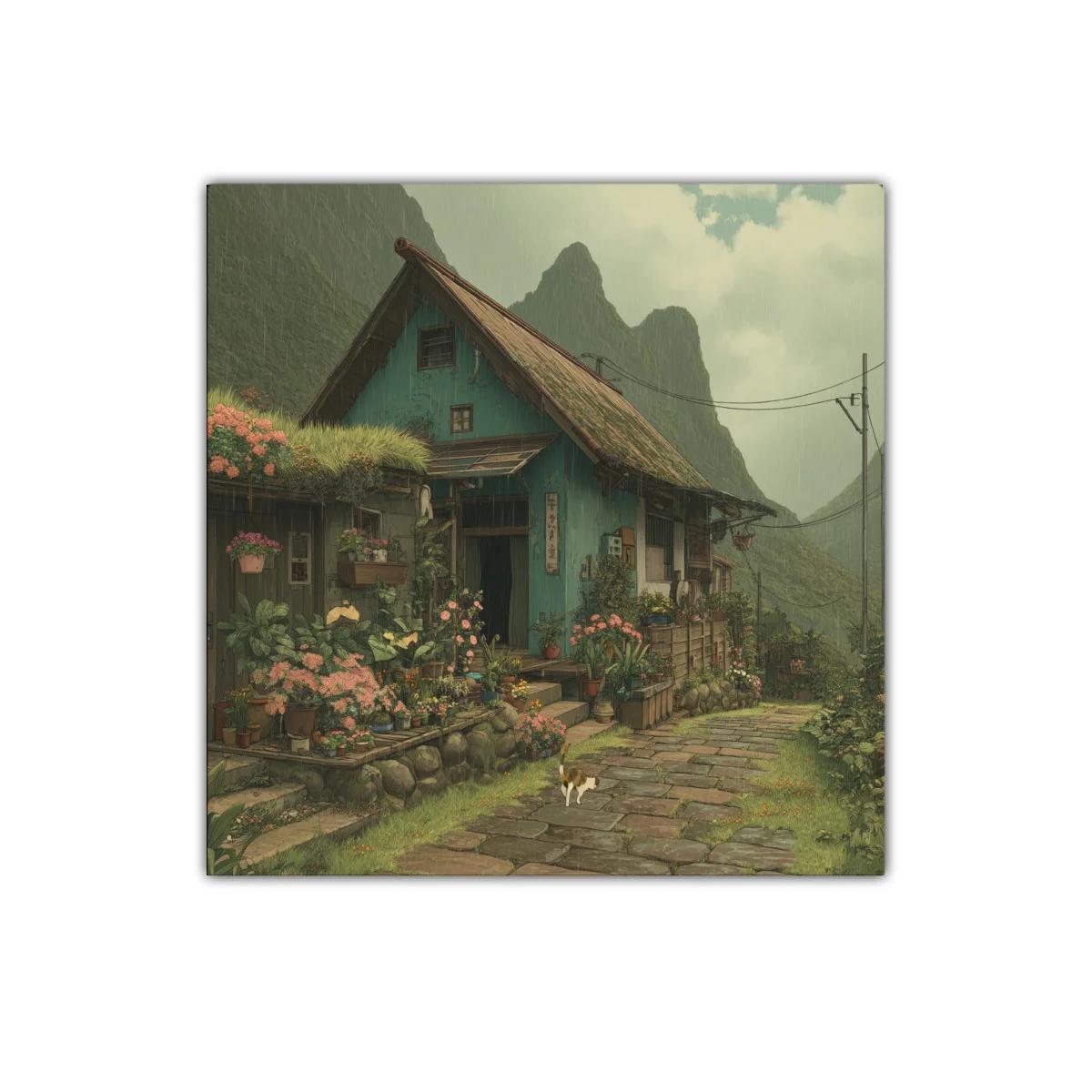 Paisaje rural con casa y jardín florido bajo lluvia suave