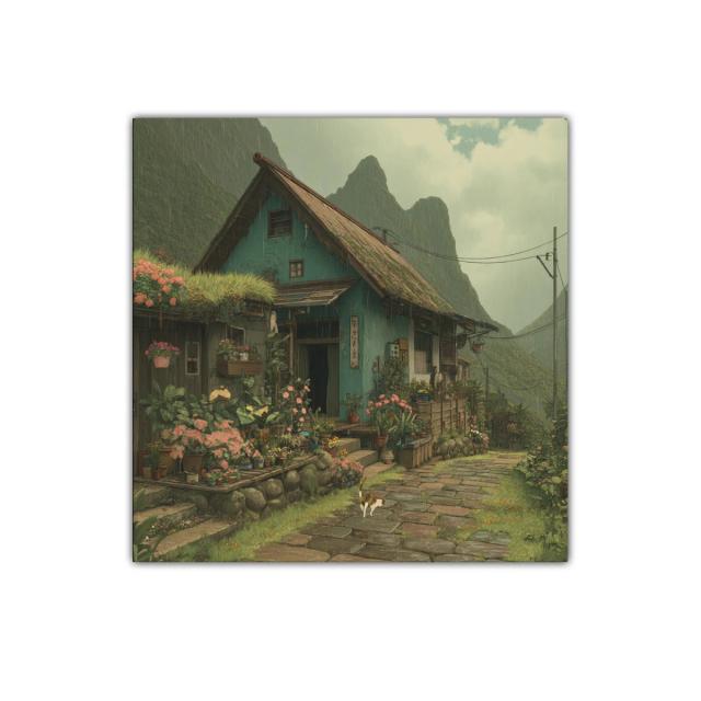 Paisaje rural con casa y jardín florido bajo lluvia suave