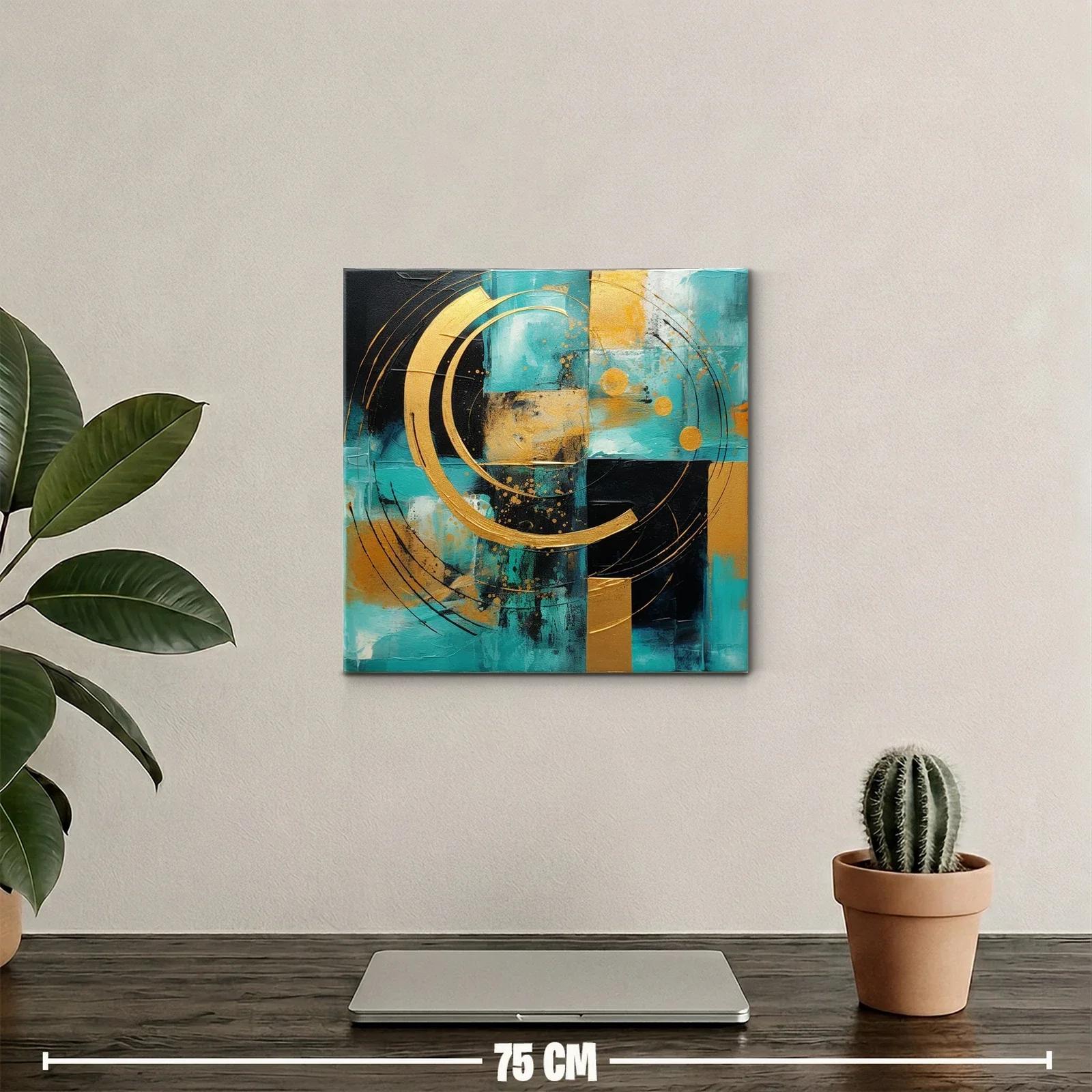 Cuadro abstracto con círculos dorados sobre fondo turquesa y negro — miniatura 2