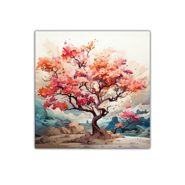 Árbol de flores vibrantes en paisaje sereno y etéreo