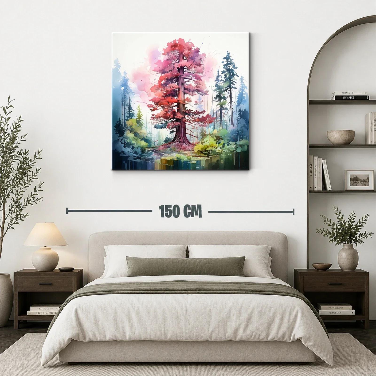 Árbol rojo vibrante en bosque estilizado y sereno — miniatura 3