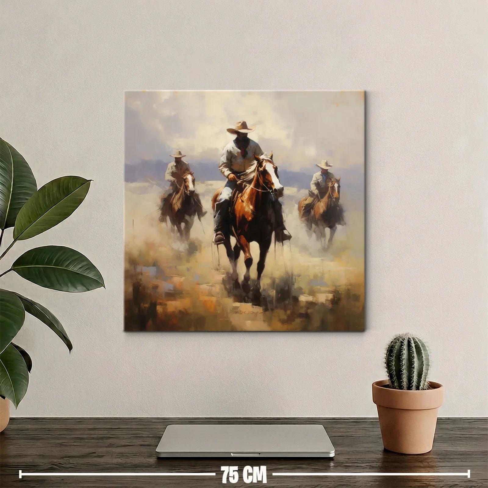 Vaqueros al galope en paisaje polvoriento y cálido — miniatura 2
