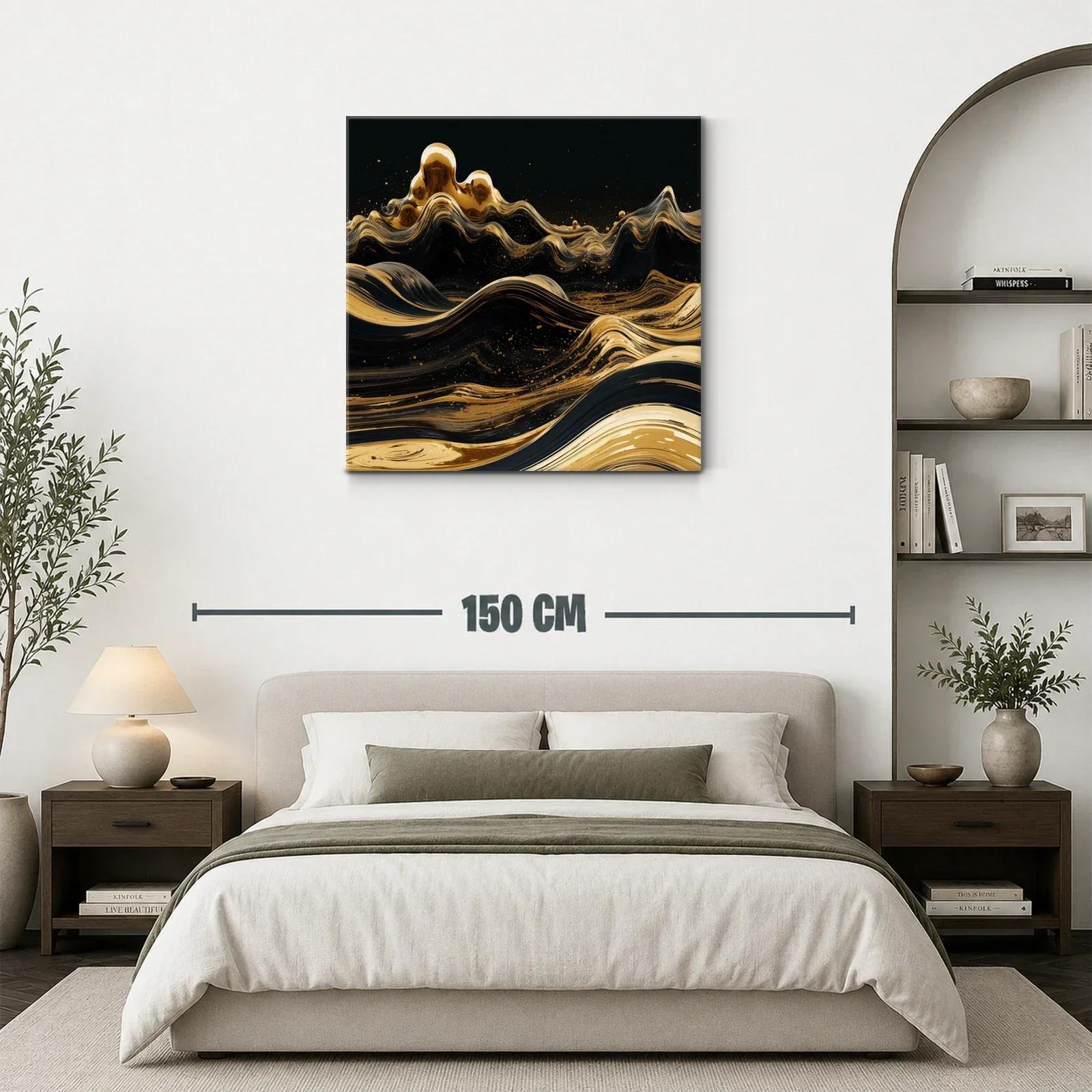 Cuadro abstracto con olas doradas sobre fondo negro — miniatura 3