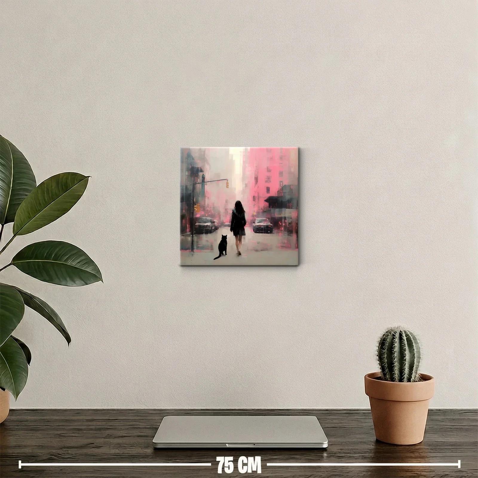 Calle urbana con figura femenina y gato en tonos rosas — miniatura 2