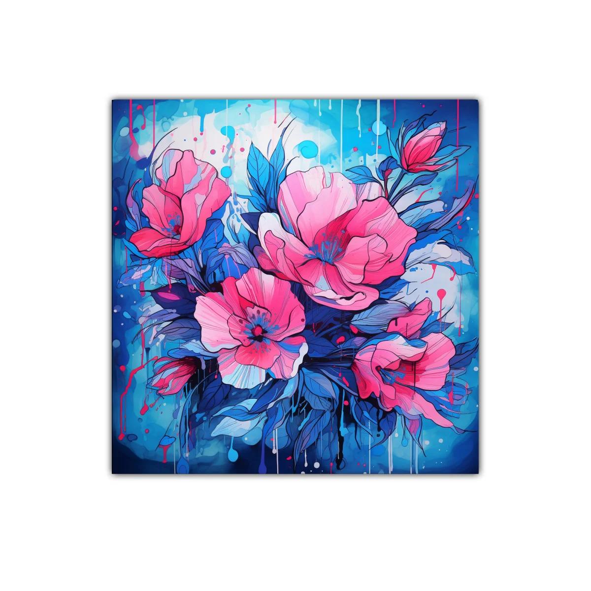 Cuadro vibrante con flores rosas y azul eléctrico — imagen principal