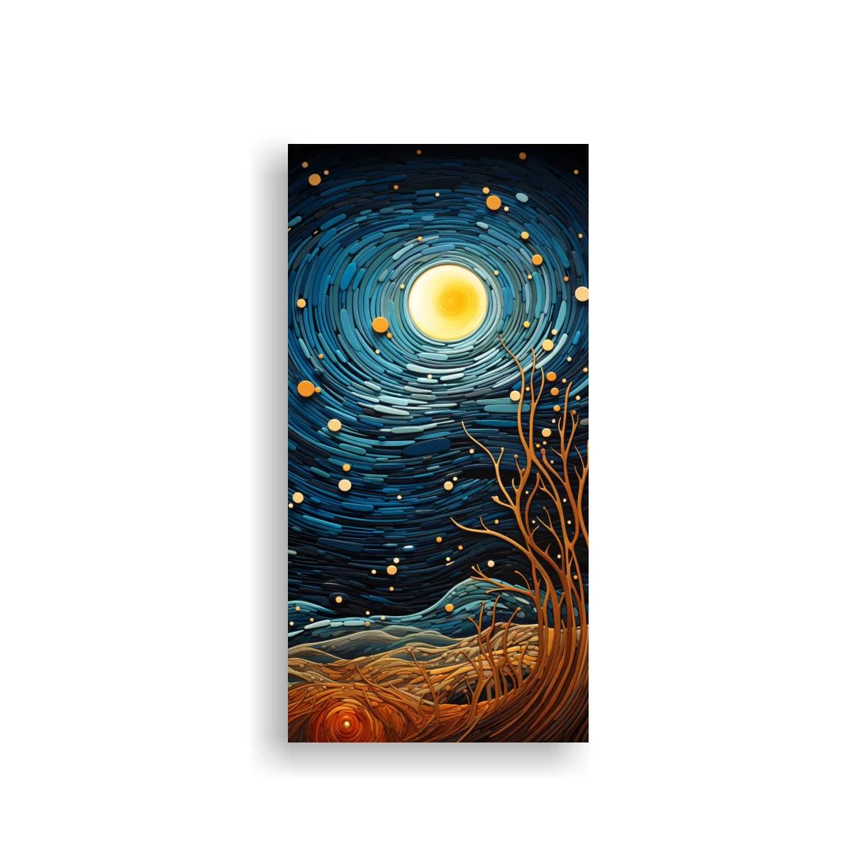 Cuadro luna llena con cielo azul en espiral y árboles desnudos