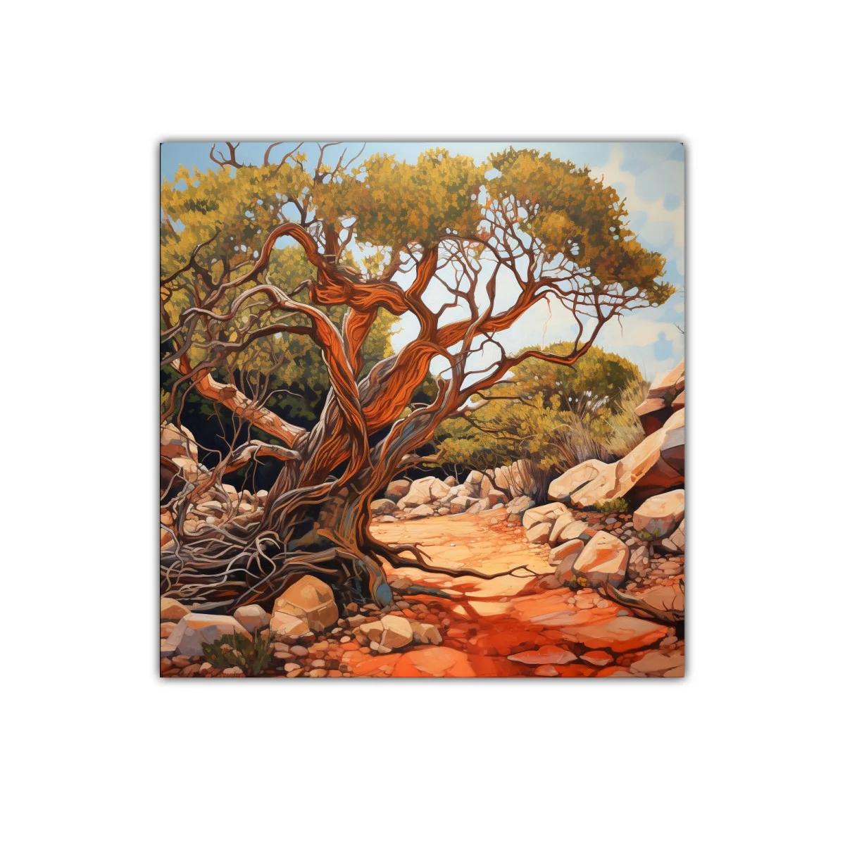 Paisaje natural con árbol antiguo y caminos entre rocas