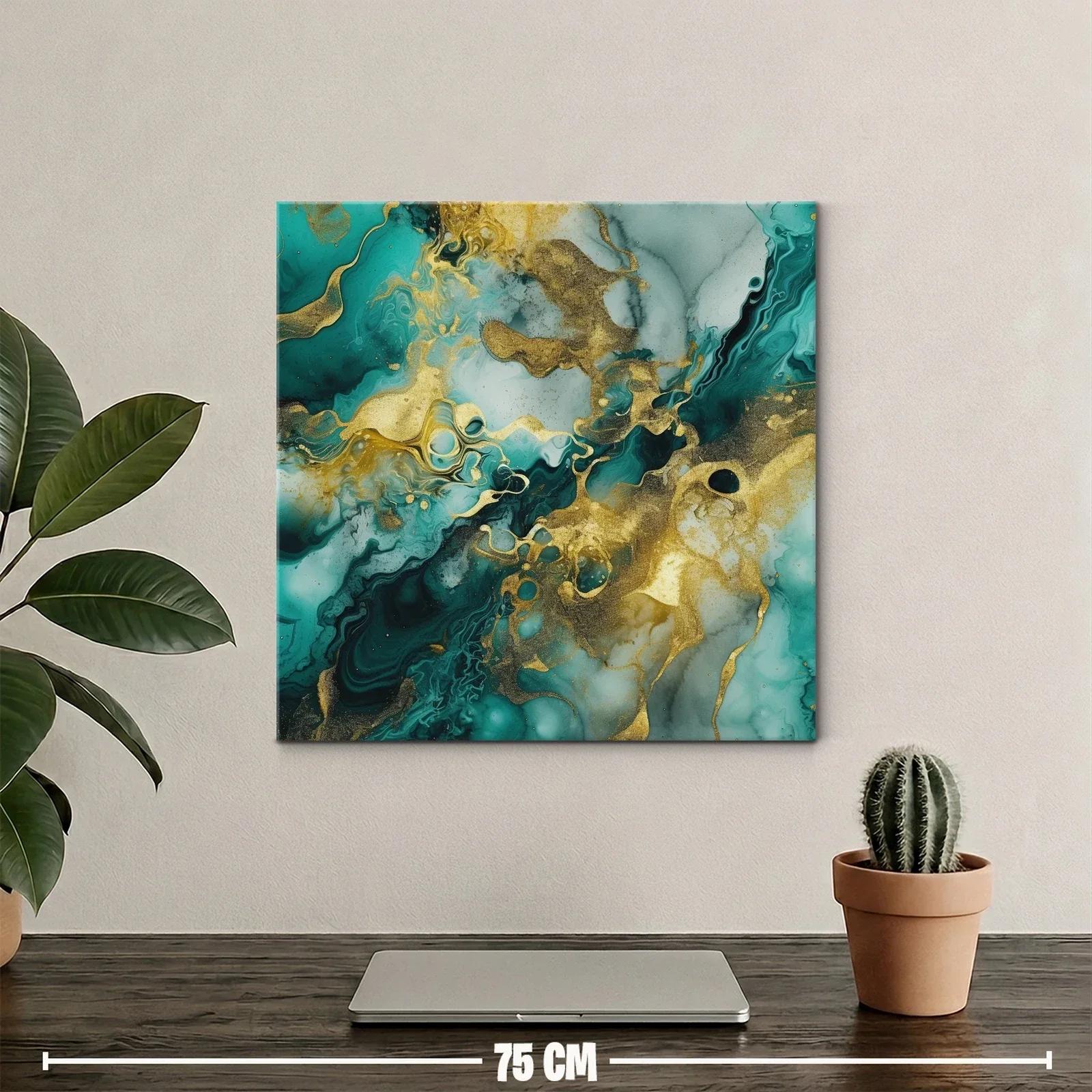 Cuadro abstracto con dorado y tonos verdes marinos vibrantes — miniatura 2