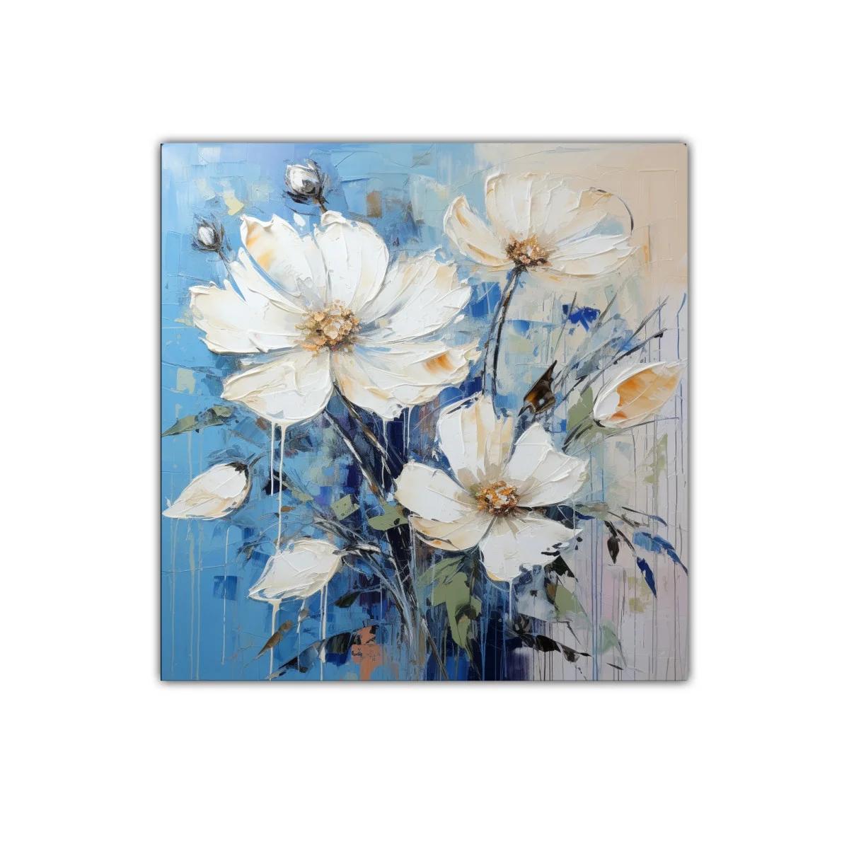 Cuadro decorativo con flores blancas sobre fondo azul — imagen principal