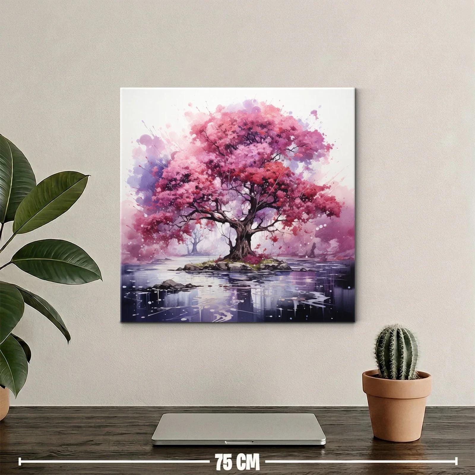 Árbol rosa vibrante sobre isla en lago sereno — miniatura 2