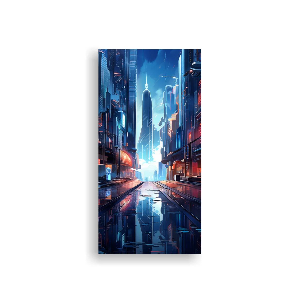 Cuadro ciudad futurista con avenida mojada y torre iluminada
