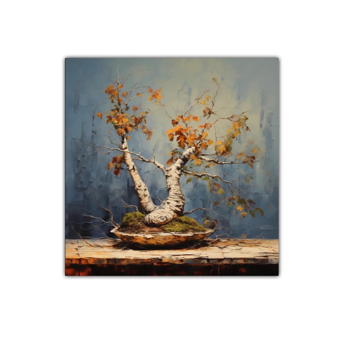 Árbol de otoño en maceta con tonos cálidos y fondo azul — miniatura 1