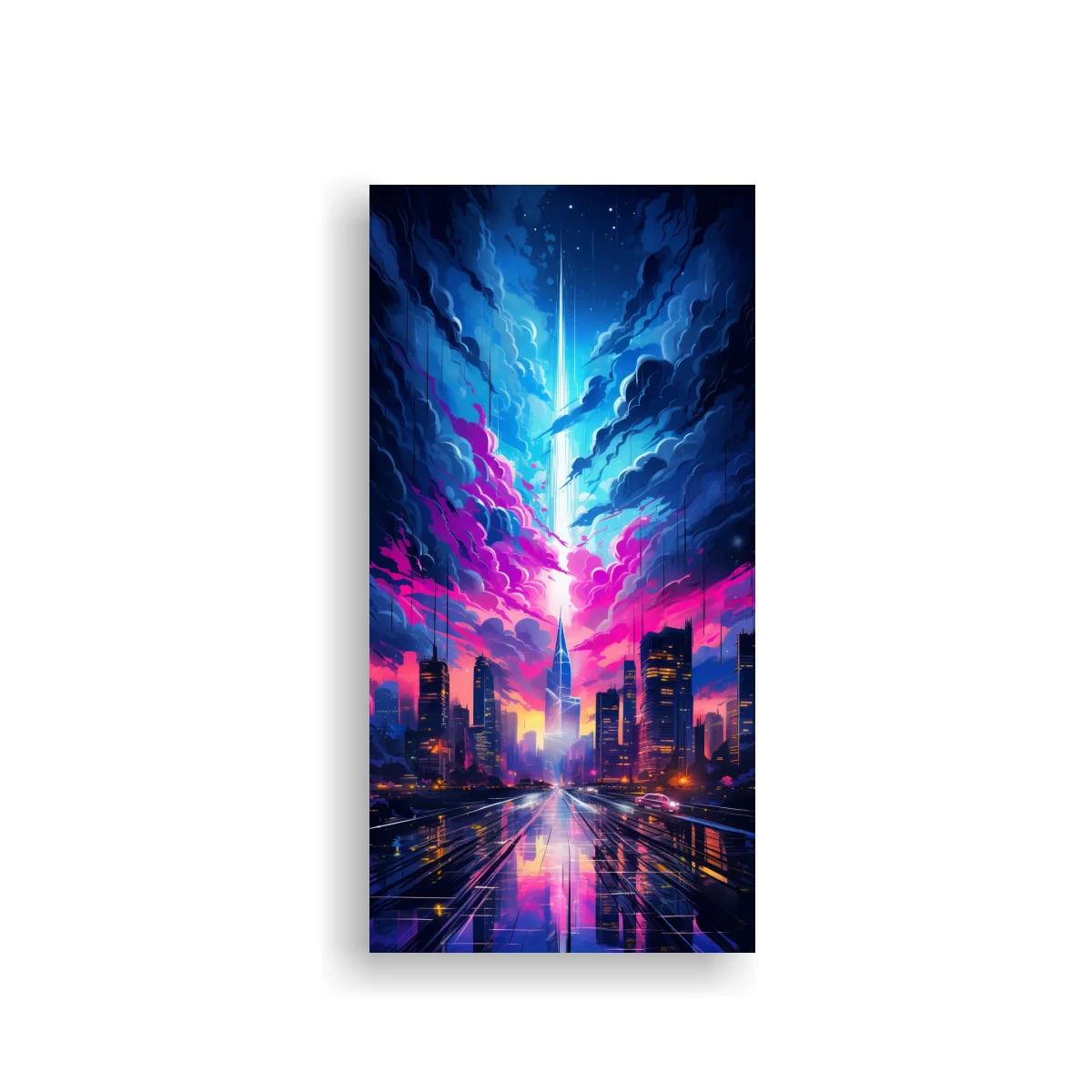 Cuadro skyline urbano futurista con haz de luz vertical