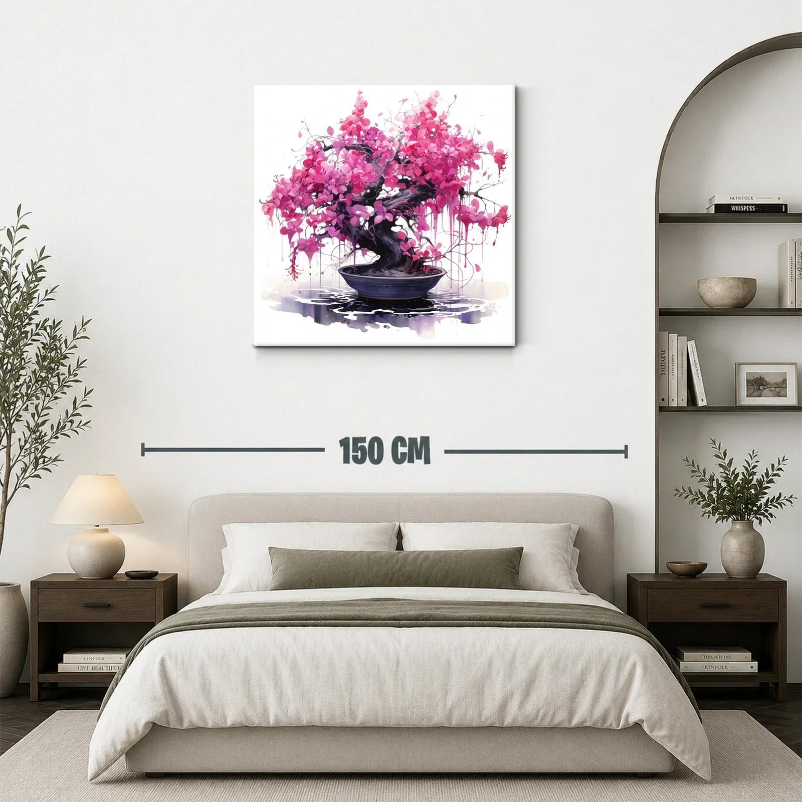 Bonsái en flor rosa vibrante sobre fondo luminoso blanco — miniatura 3