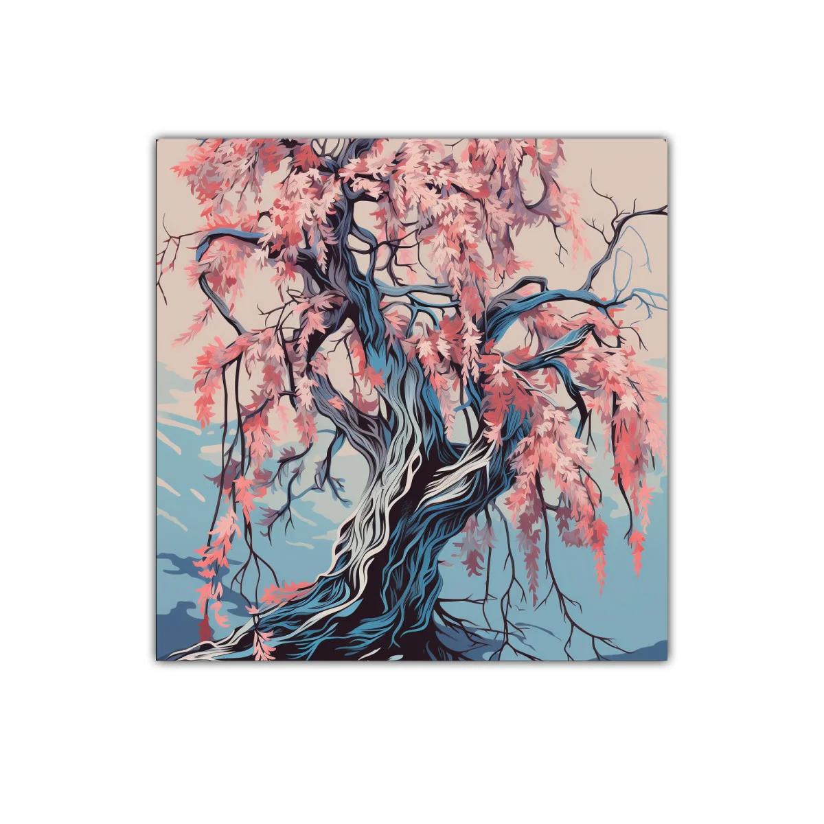 Árbol de ramas ondulantes y hojas rosas vibrantes