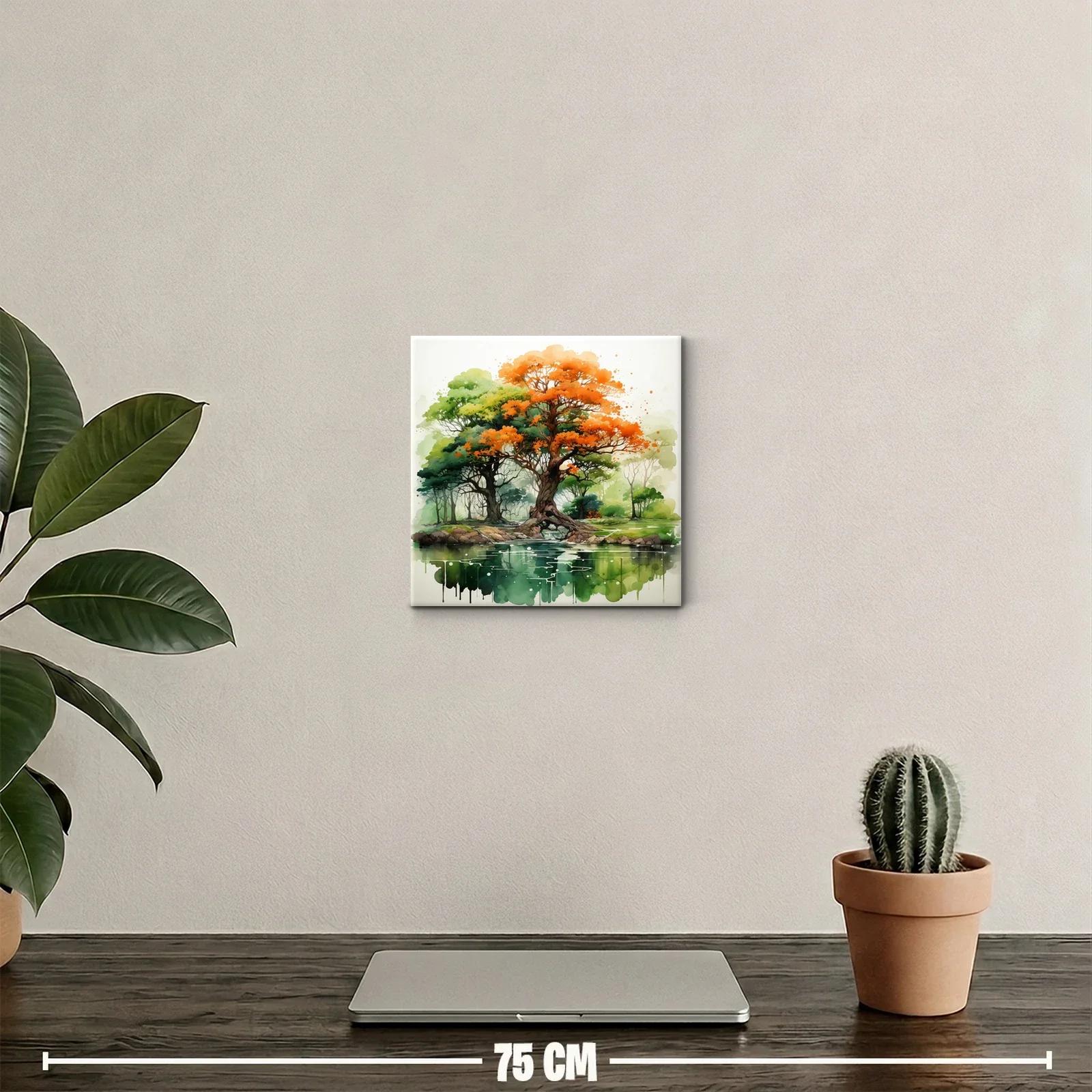 Árboles con hojas anaranjadas y verdes sobre lago tranquilo — miniatura 2