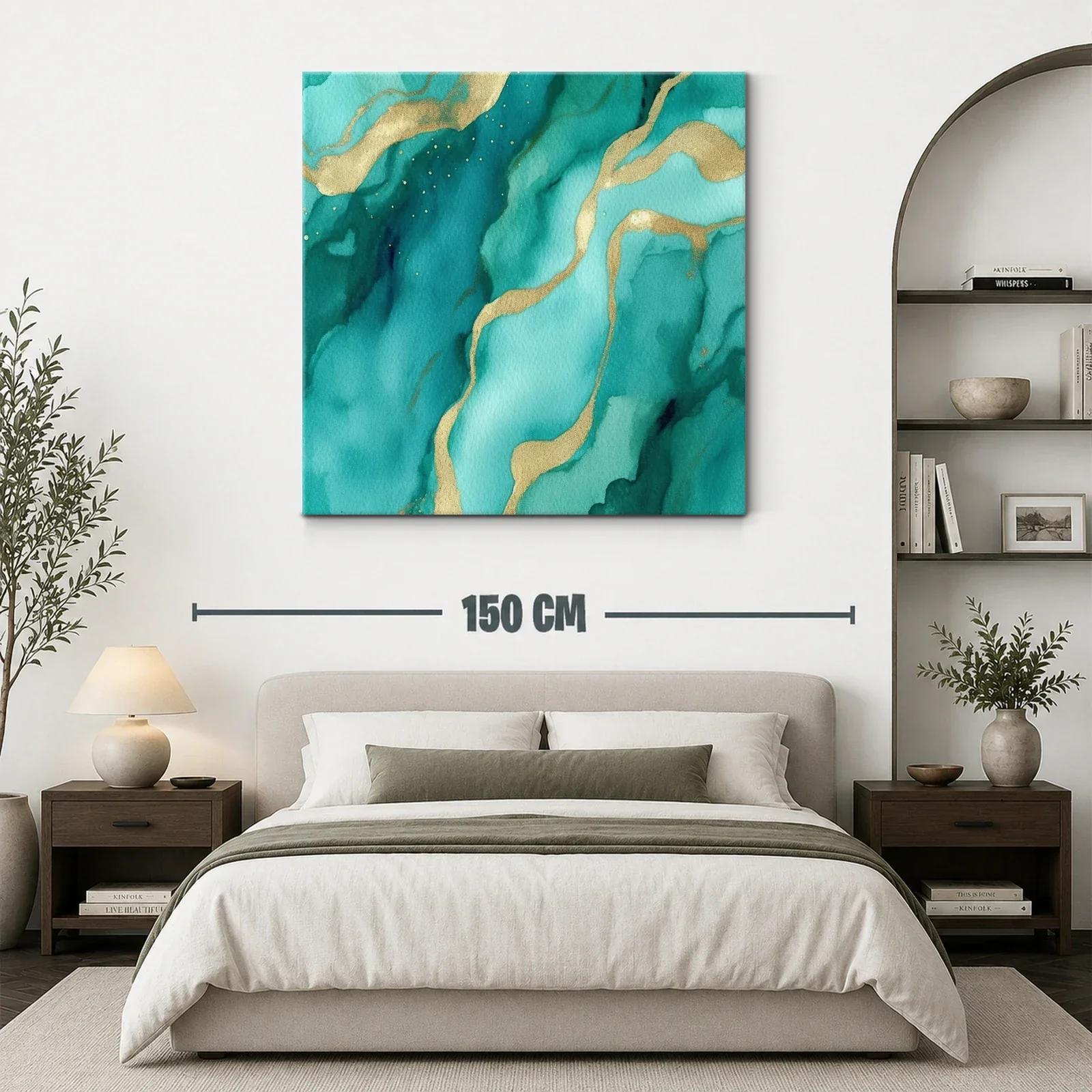 Cuadro abstracto en tonos verdes con detalles dorados — miniatura 3