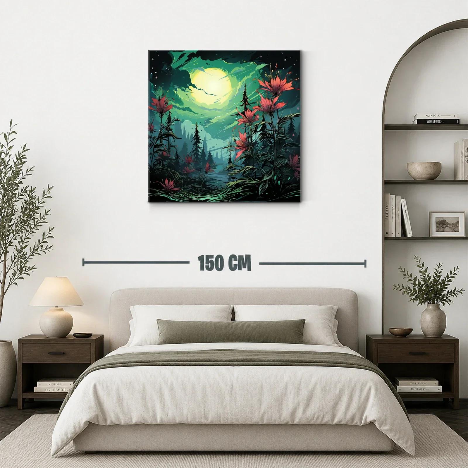 Flores rojas bajo la luna llena en paisaje nocturno encantado — miniatura 3