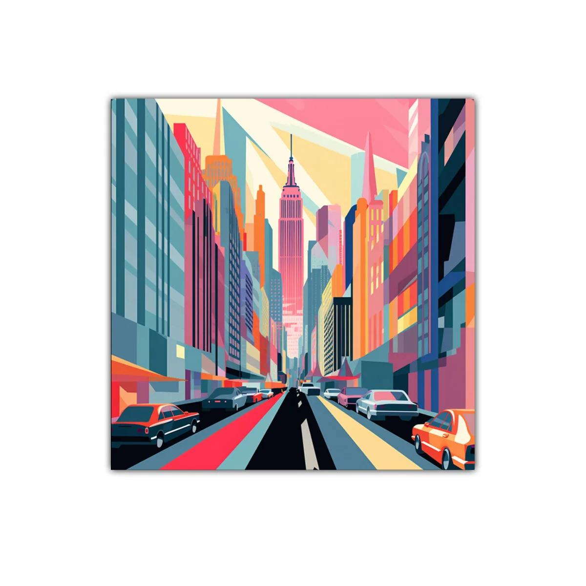 Colorida ciudad vibrante con rascacielos y tráfico urbano