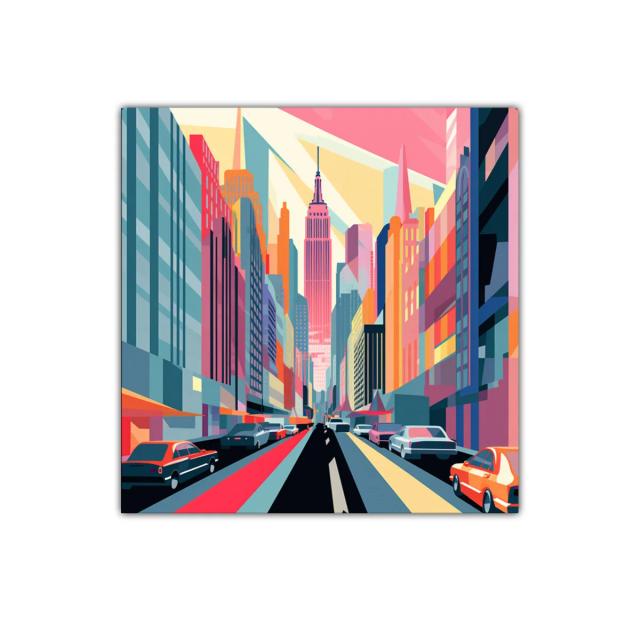 Colorida ciudad vibrante con rascacielos y tráfico urbano