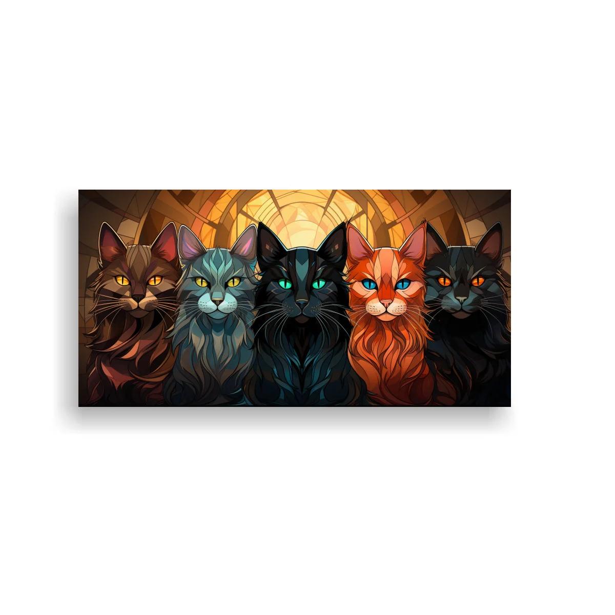 Cuadro cinco gatos de colores con arcos geométricos