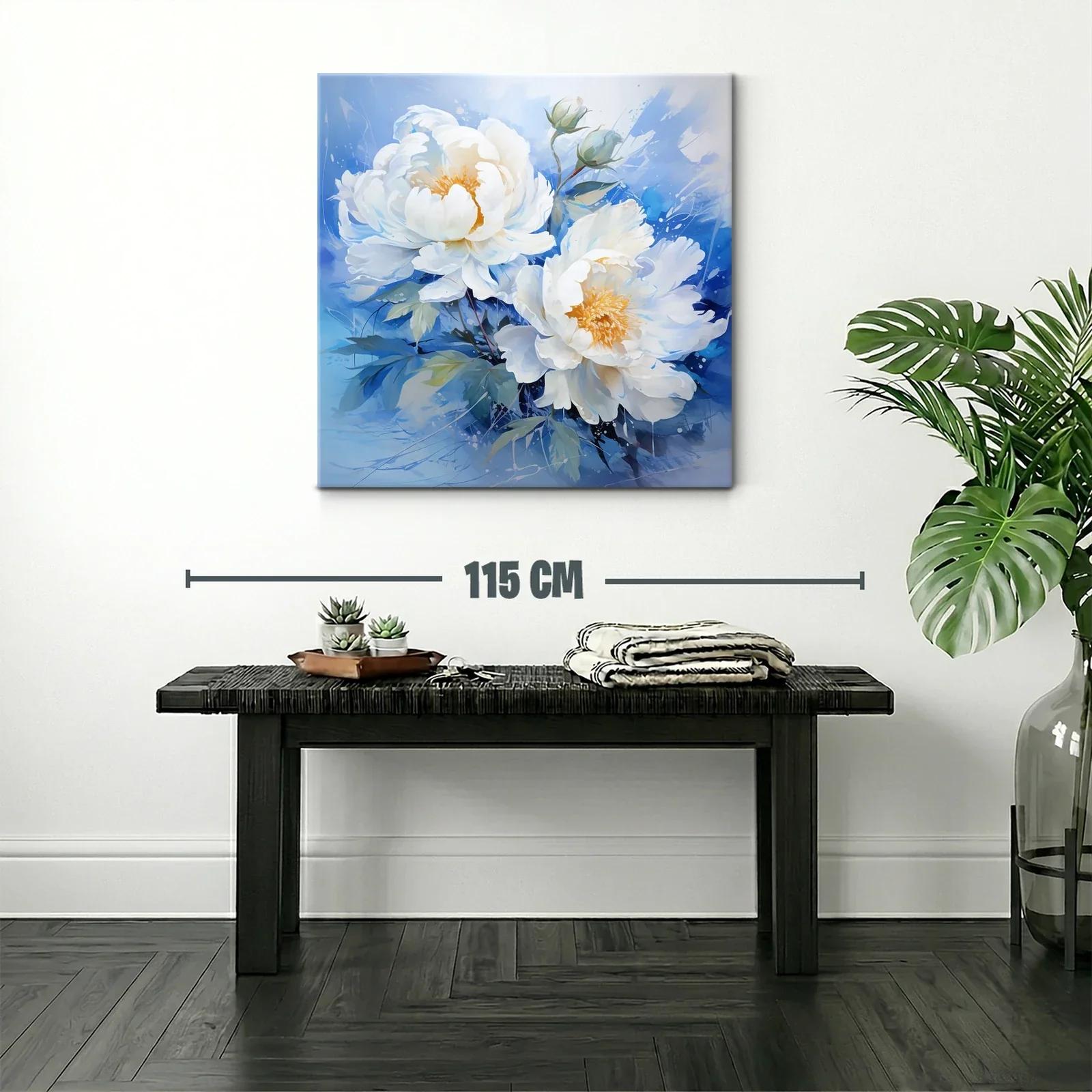 Cuadro floral con peonías blancas sobre fondo azul — miniatura 2