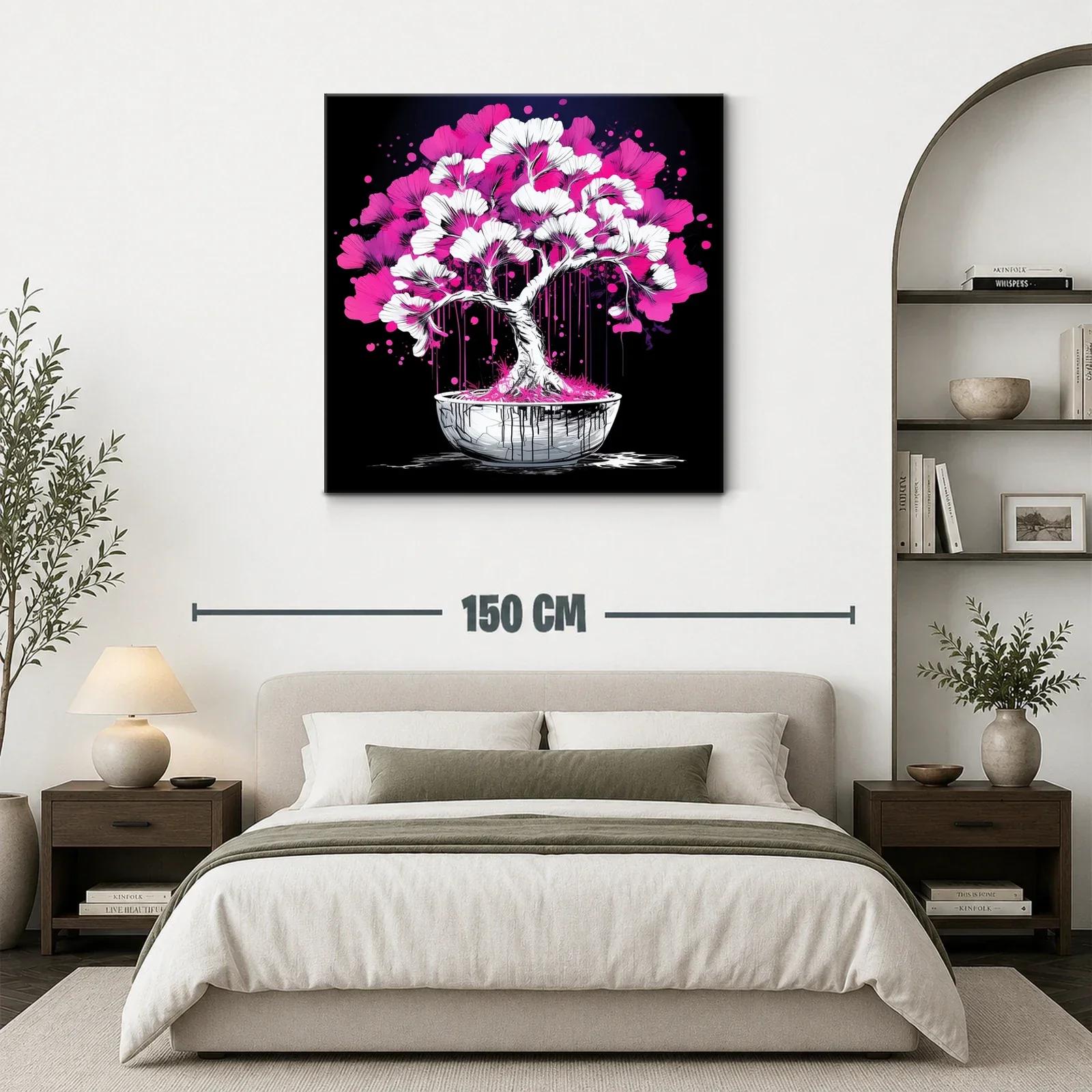 Árbol bonsái vibrante con flores rosa y blancas sobre fondo negro — miniatura 3