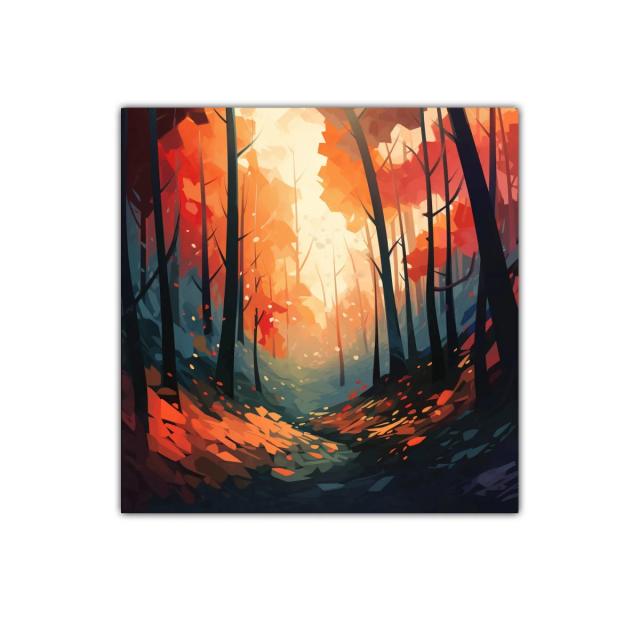 Bosque otoñal con luz cálida y tonos vibrantes