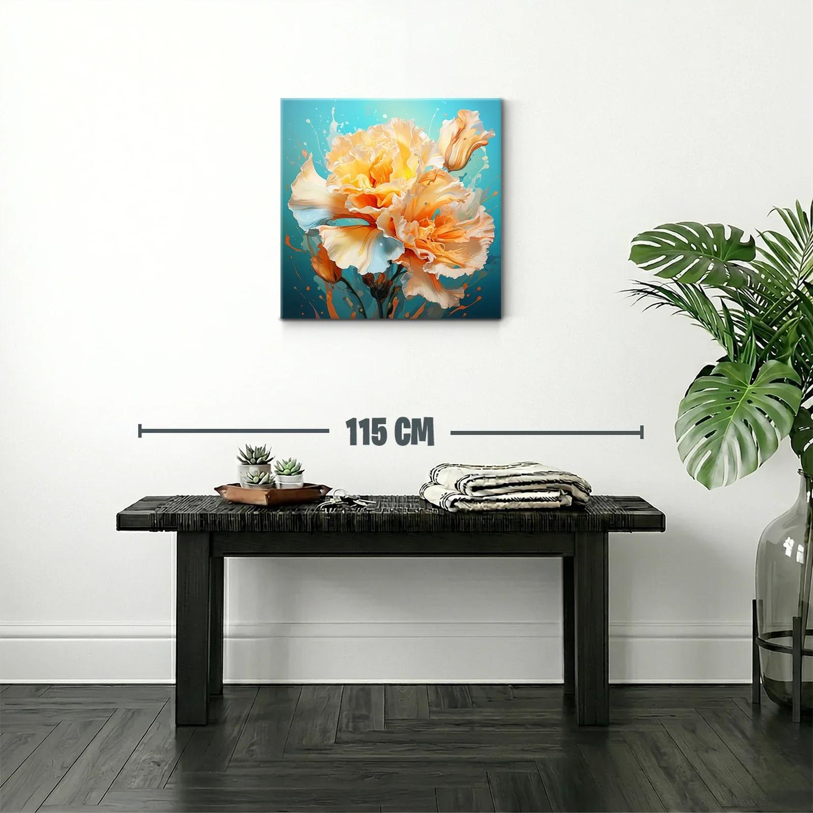 Cuadro floral vibrante en tonos cálidos y fondo azul — miniatura 2