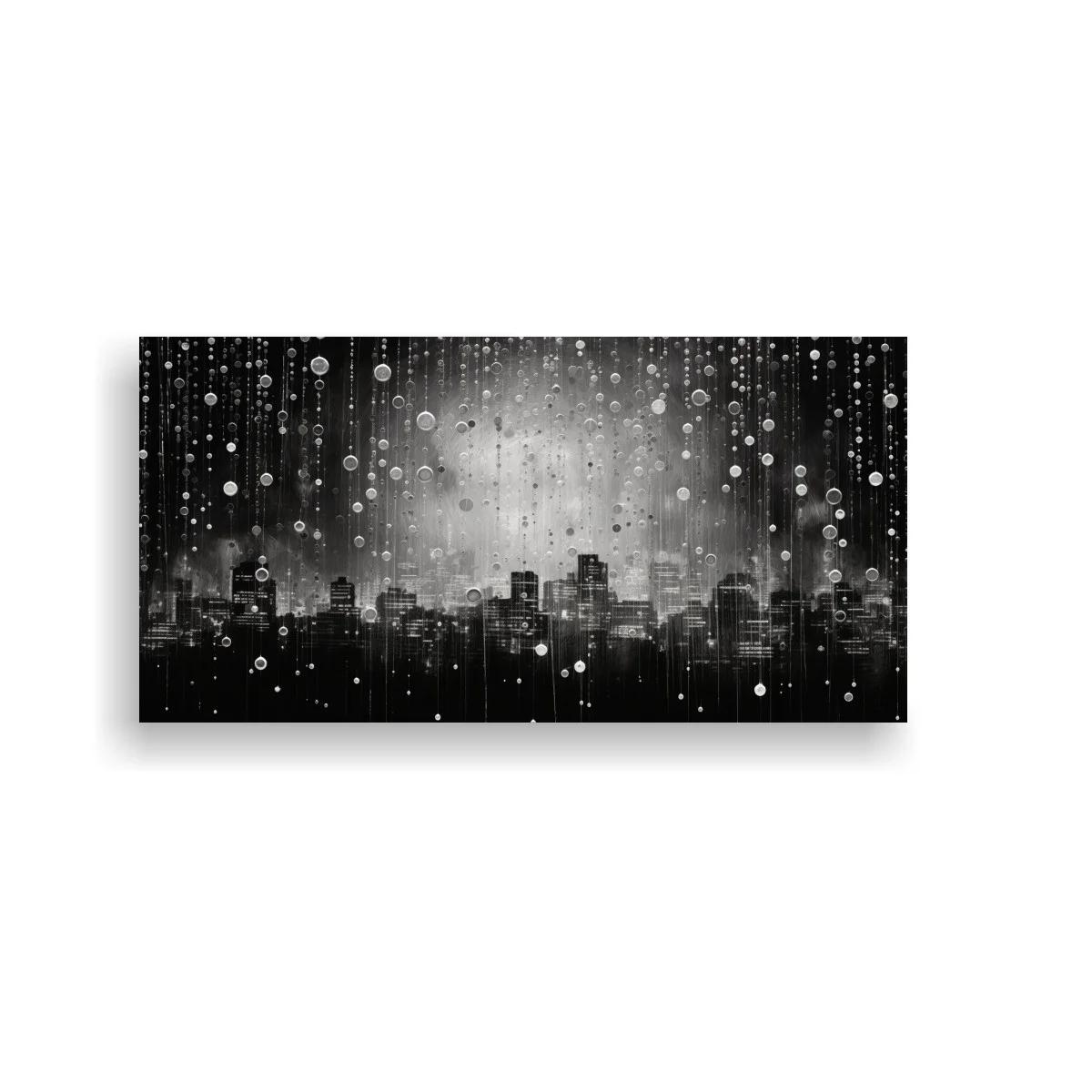 Cuadro skyline urbano en blanco y negro con destellos luminosos