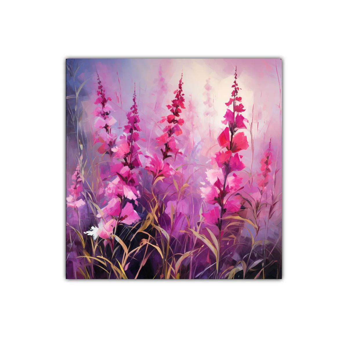 Cuadro decorativo con flores rosas y lilas vibrantes