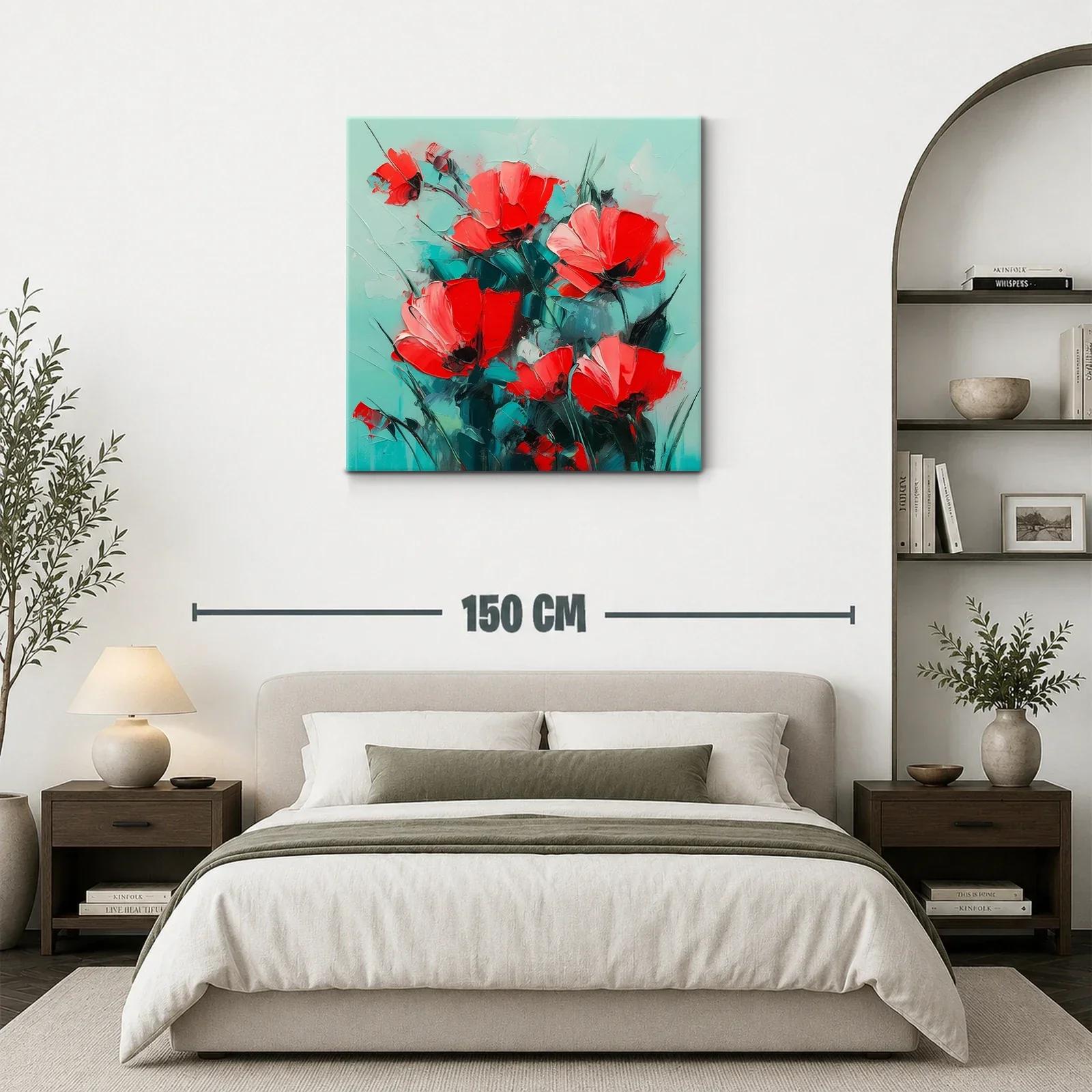 Cuadro floral con vibrantes amapolas rojas sobre fondo turquesa — miniatura 3