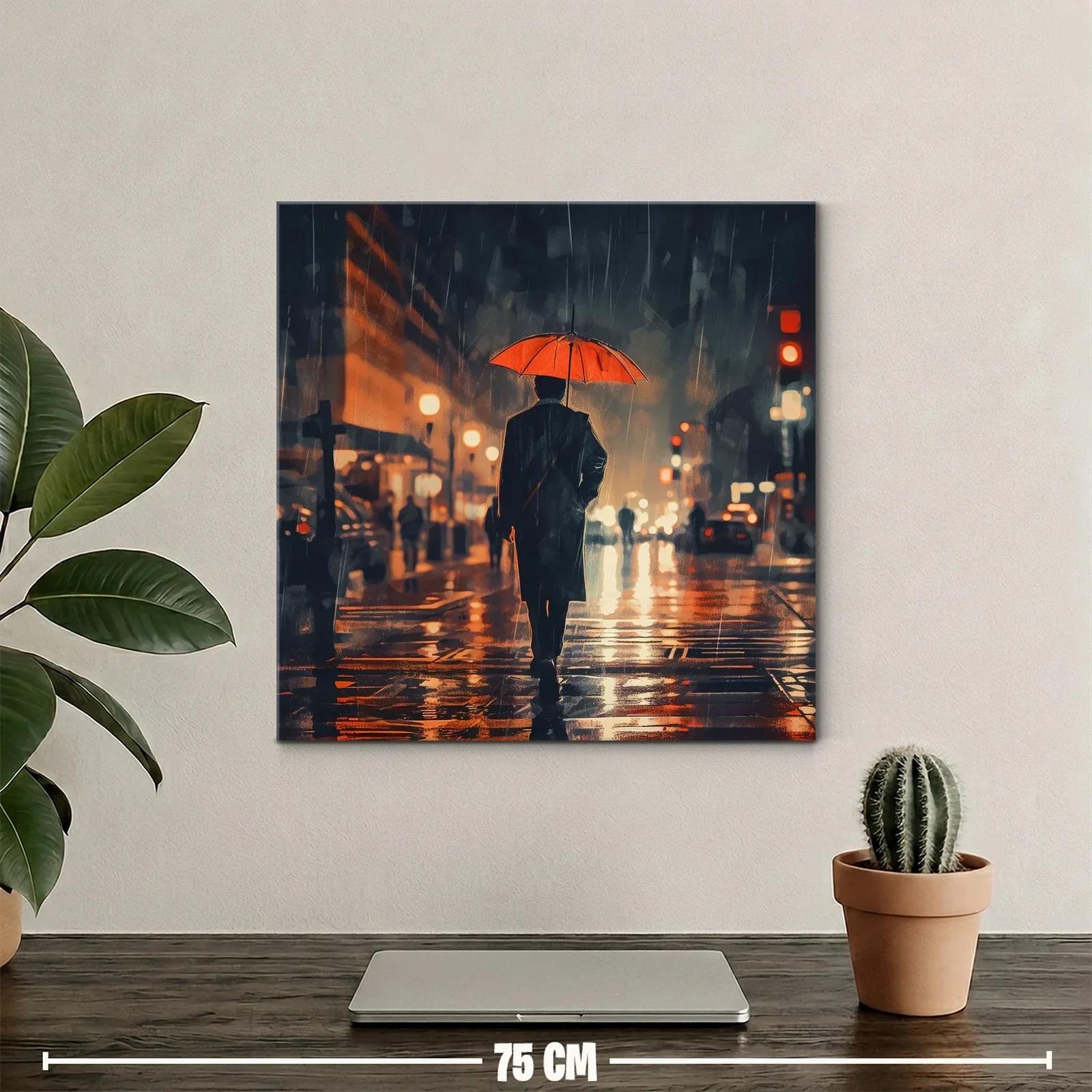 Atardecer urbano con paraguas rojo bajo la lluvia — miniatura 2