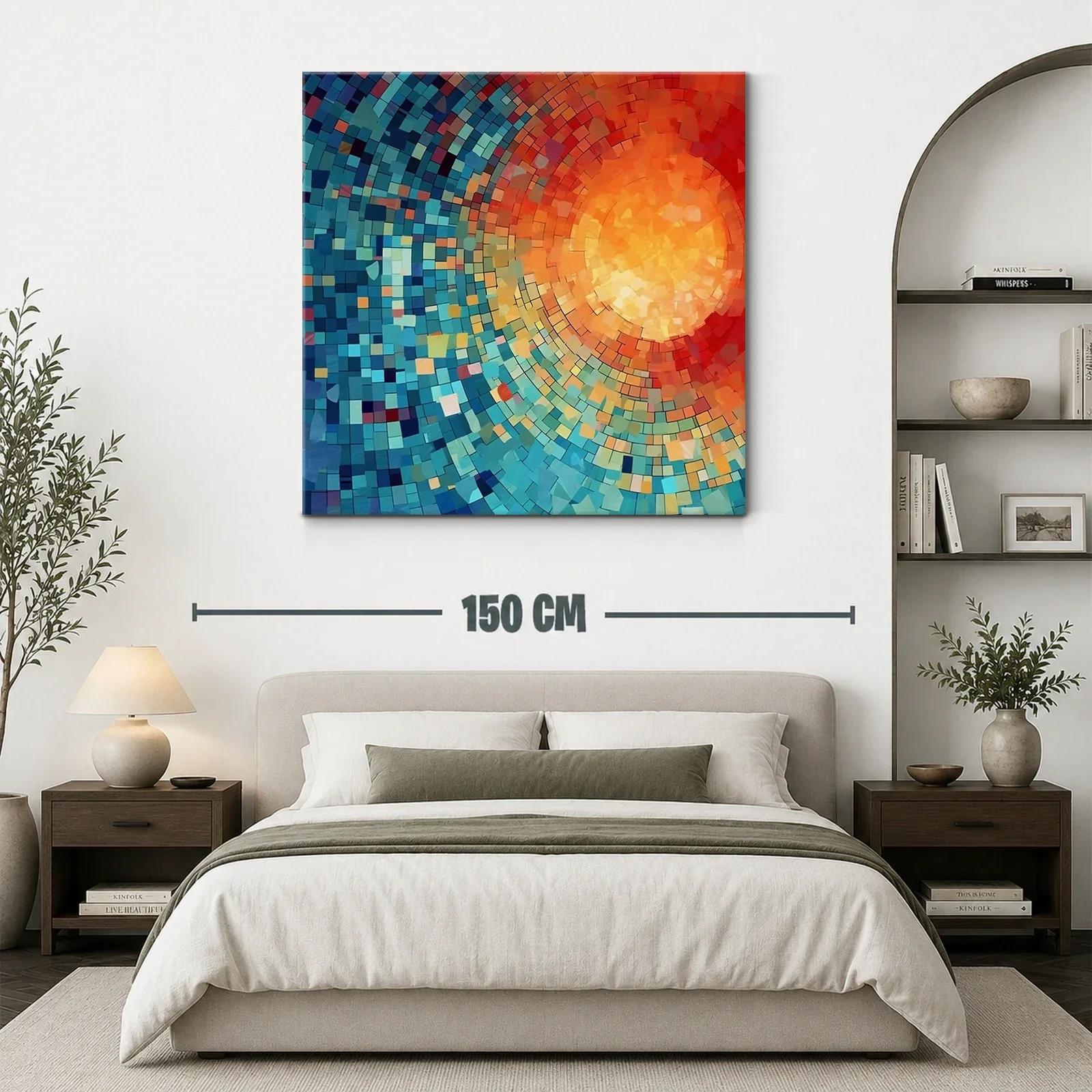 Cuadro abstracto con patrones circulares en tonos cálidos y fríos — miniatura 3