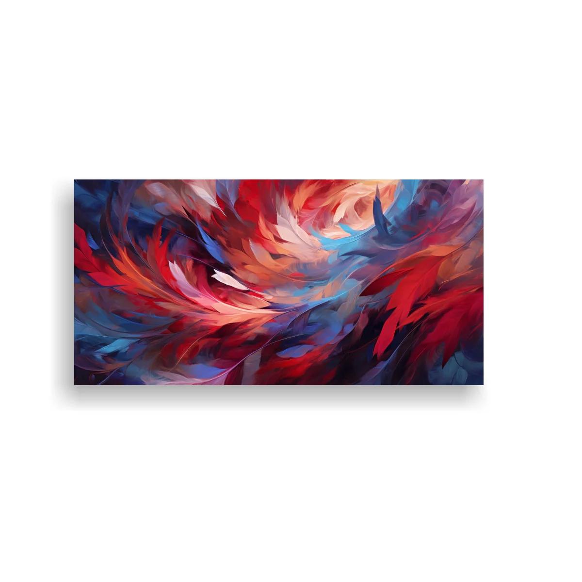 Cuadro remolino de plumas en tonos rojos y azules