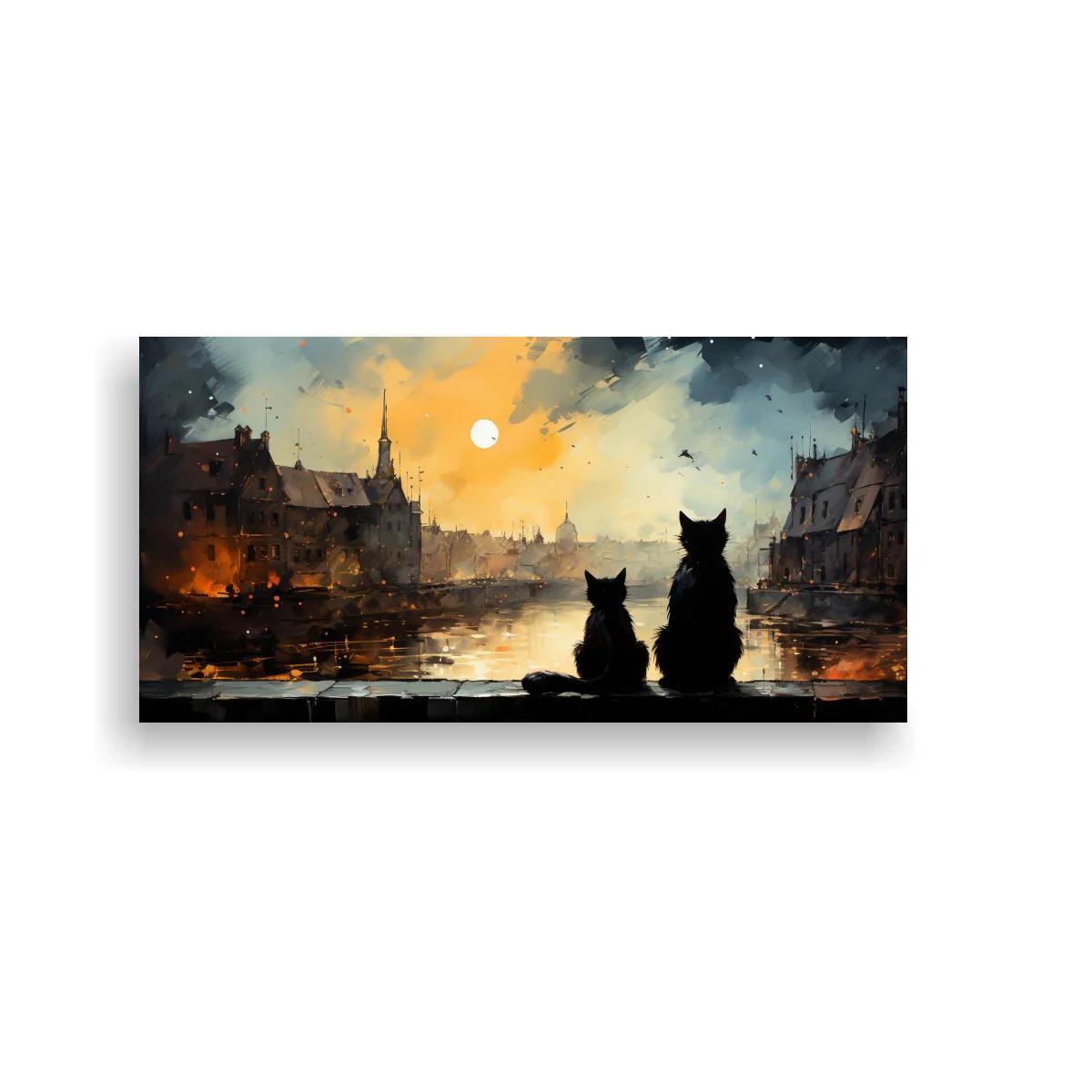 Cuadro dos gatos negros junto al canal urbano