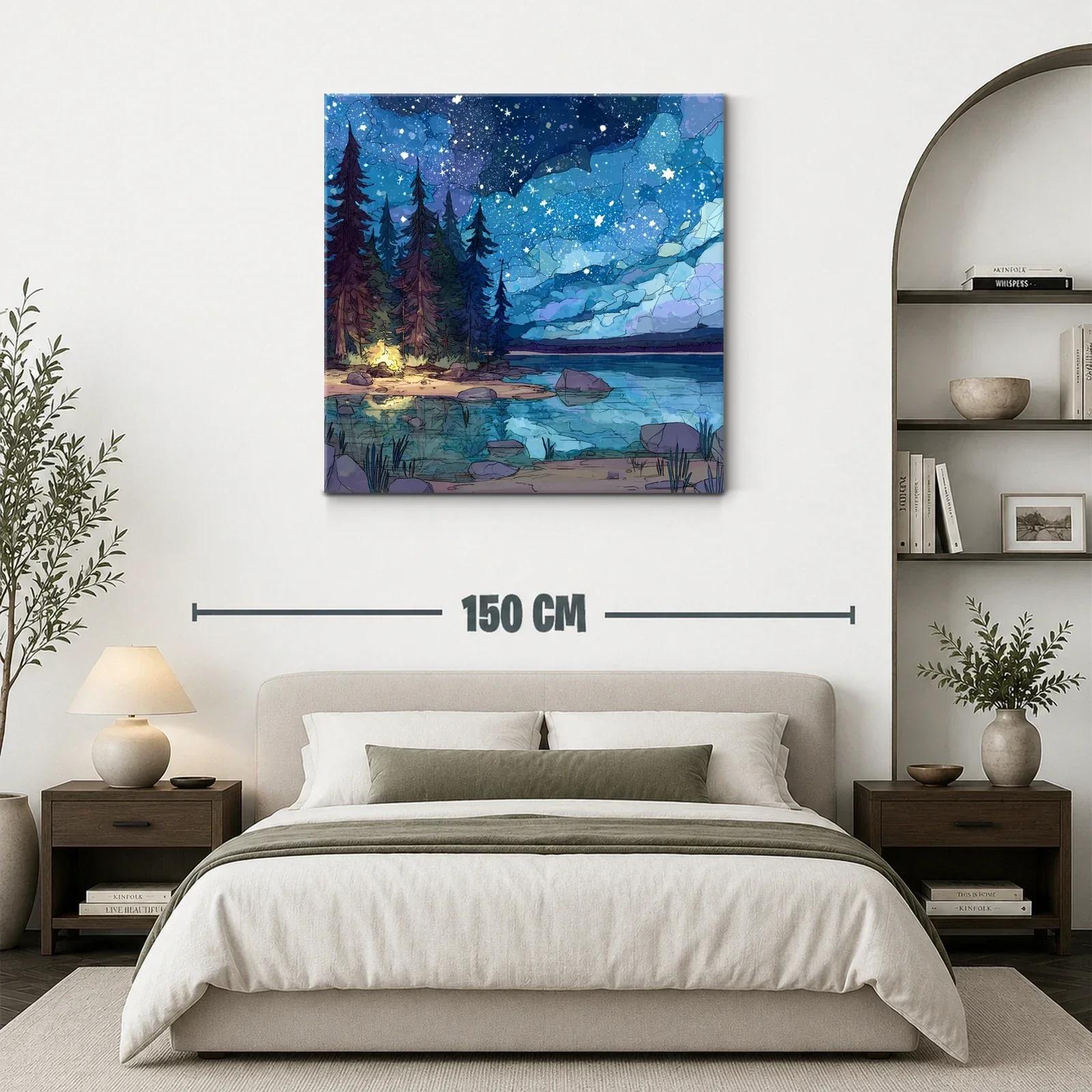 Paisaje nocturno estrellado con lago y bosque encantado — miniatura 3