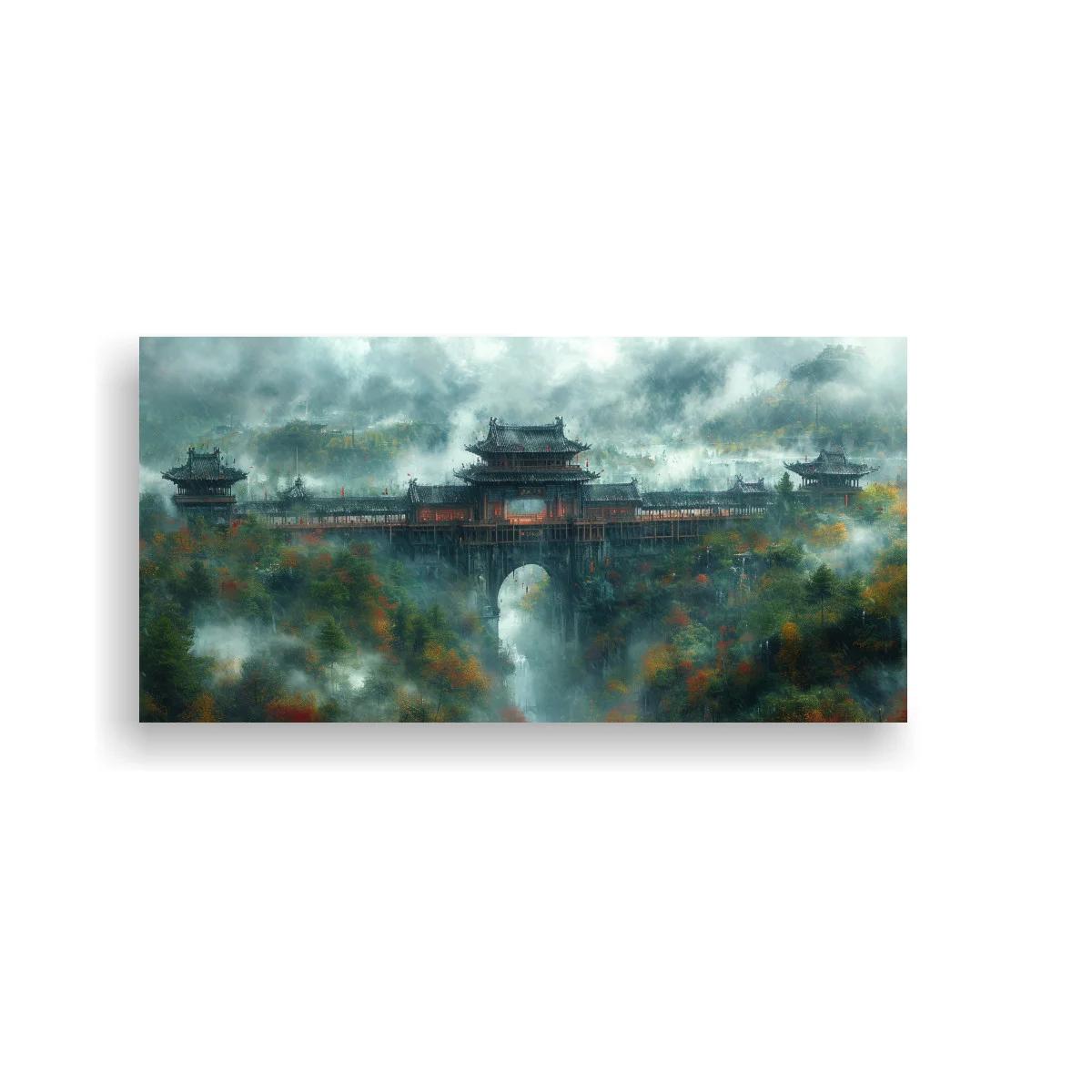 Cuadro puerta tradicional china entre bruma y muralla