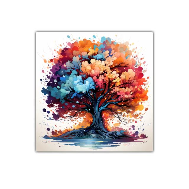 Árbol vibrante con hojas en explosión de colores cálidos y fríos