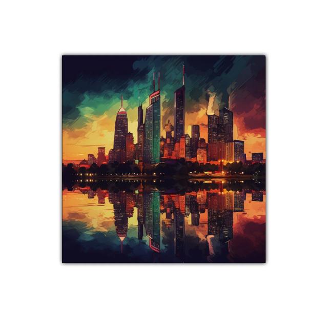 Atardecer vibrante sobre ciudad con reflejo en agua