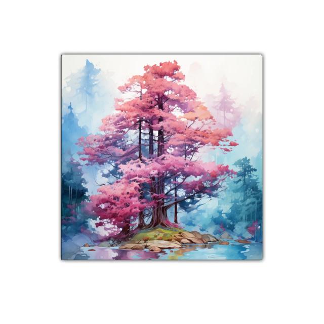 Arboles en tonos rosa sobre isla reflejada en lago tranquilo